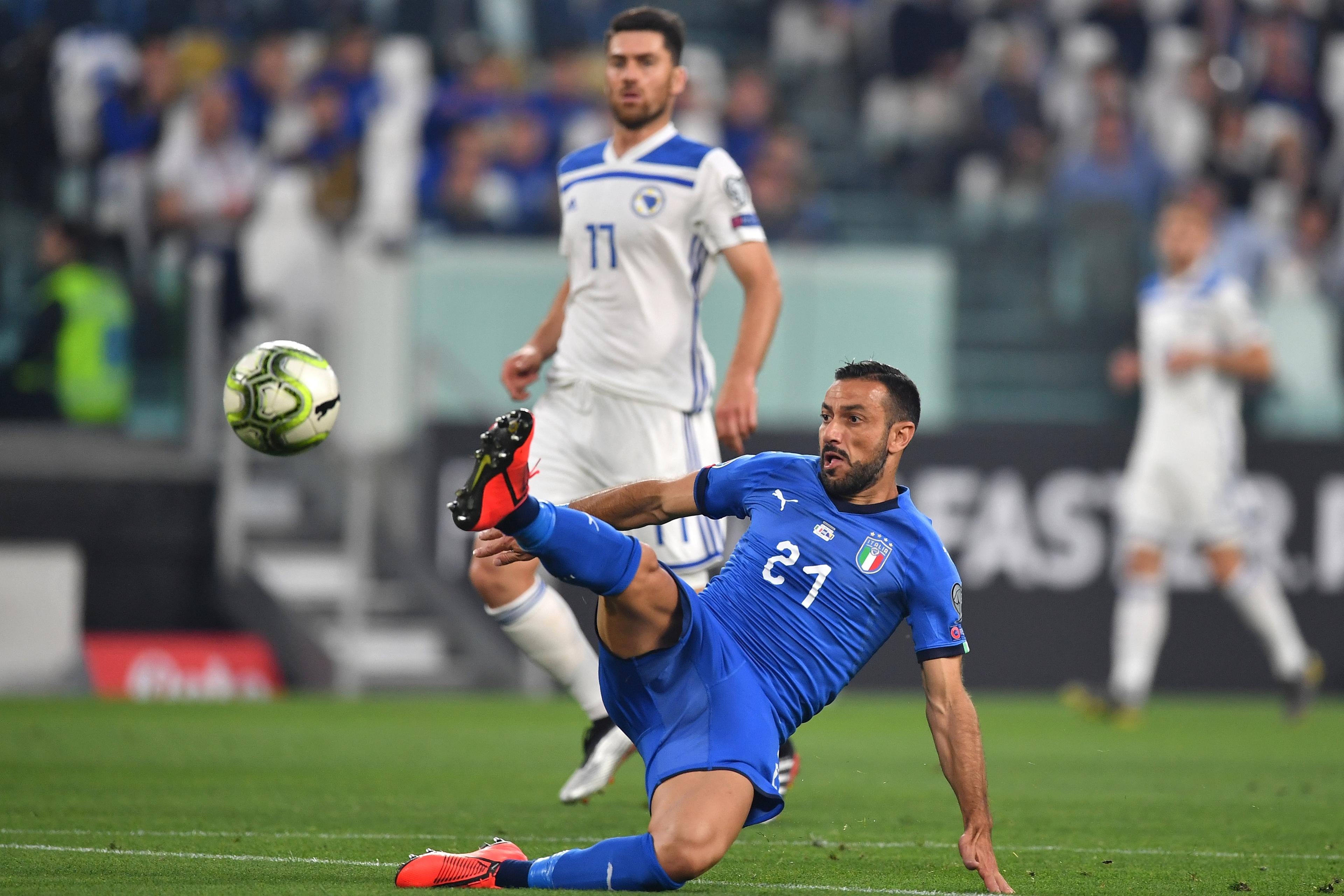 TURIN, ITALY - JUNE 11:  Fabio Quagliarella of Italy in action during the UEFA Euro 2020 Qualifier between Italy and Bosnia and Herzegovina at Juventus Stadium on June 11, 2019 in Turin, Italy.  (Photo by Valerio Pennicino/Getty Images)