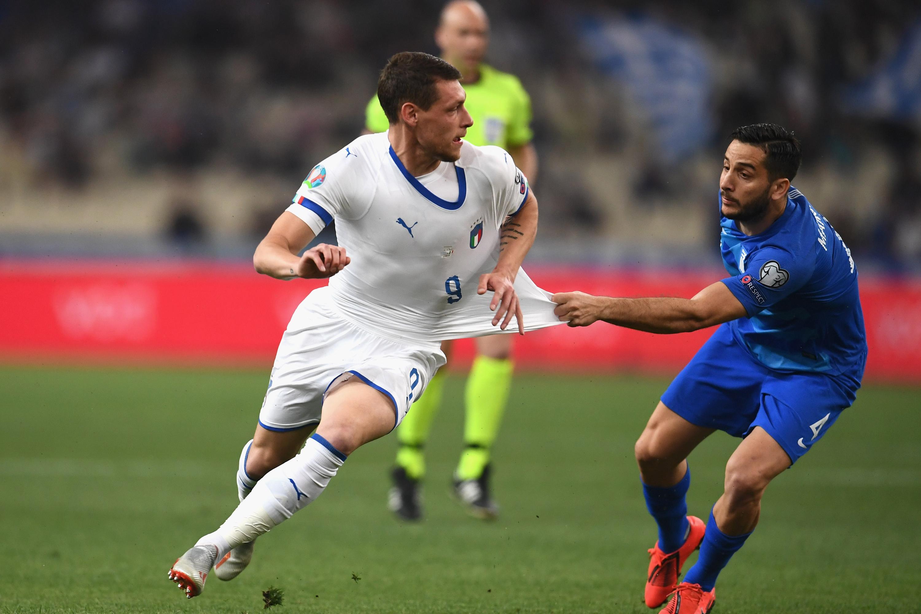 ATHENS, GREECE - JUNE 08:  Andrea Belotti of Italy in action during the UEFA Euro 2020 Qualifier between Greece and Italy on June 8, 2019 in Athens, Greece.  (Photo by Claudio Villa/Getty Images)