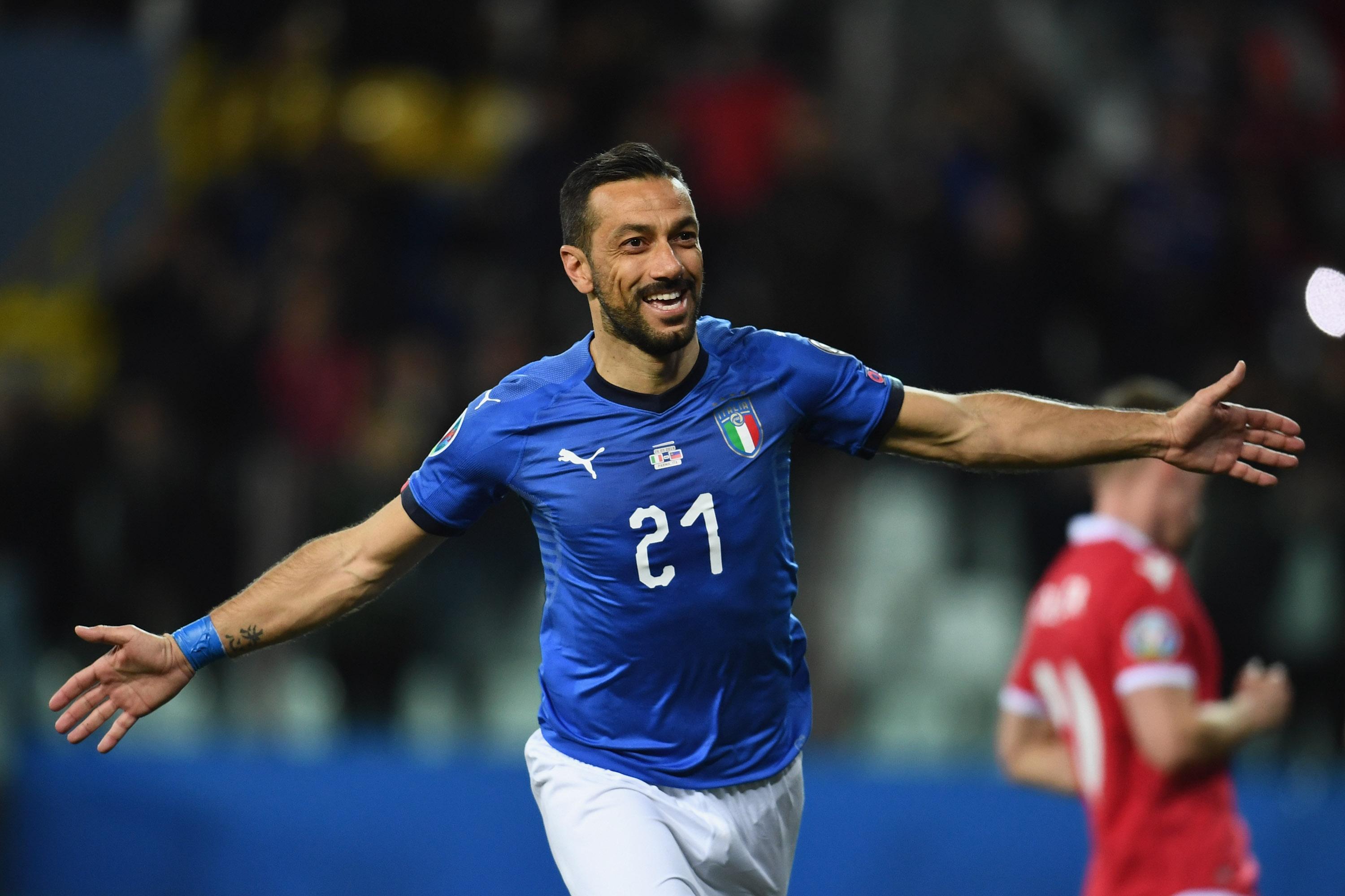 PARMA, ITALY - MARCH 26: Fabio Quagliarella of Italy celebrates a goal during the 2020 UEFA European Championships group J qualifying match between Italy and Liechtenstein at Ennio Tardini on March 26, 2019 in Parma, Italy. (Photo by Claudio Villa/Getty Images)