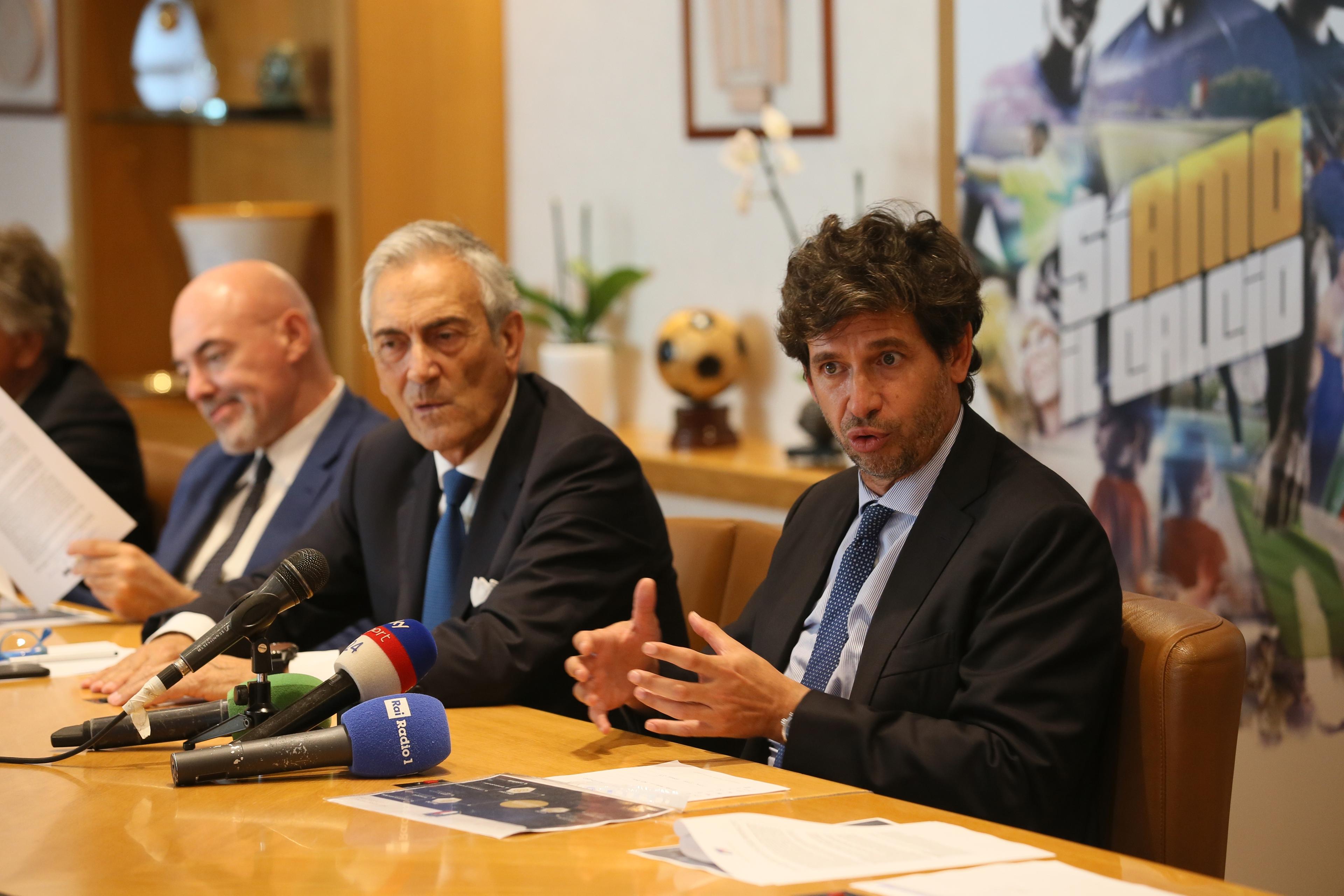 ROME, ITALY - OCTOBER 01: FIGC General Director Marco Brunelli, FIGC President Gabriele Gravina and former players Demetrio Albertini attend a press conference after the Italian Football  Federation (FIGC) federal council meeting on October 01, 2019 in Rome, Italy. (Photo by Giampiero Sposito/Getty Images)