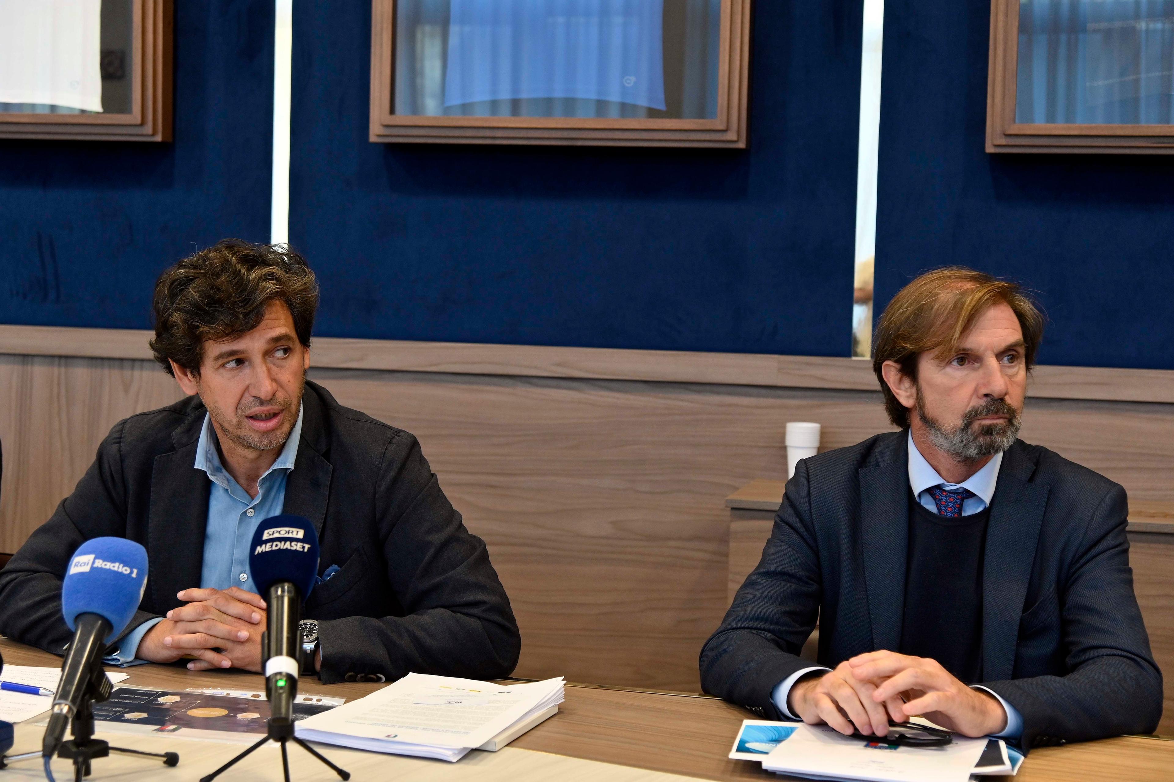 FLORENCE, ITALY - OCTOBER 08:  Demistro Albertini and Filippo Galli during the FIGC Sponsor Day at Centro Tecnico Federale di Coverciano on October 8, 2019 in Florence, Italy.  (Photo by Marco Rosi/Getty Images)