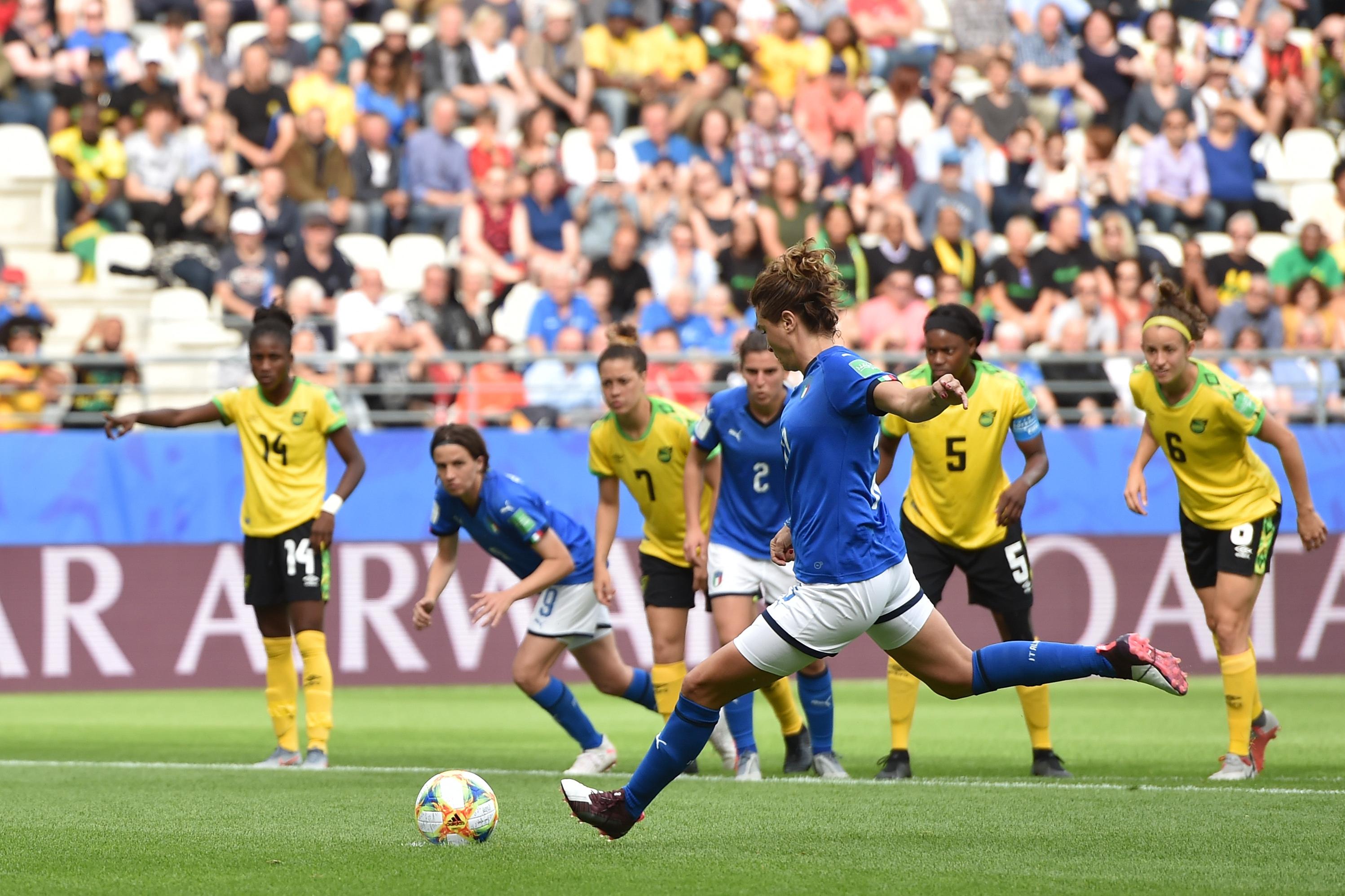 REIMS, FRANCE - JUNE 14: Cristiana Girelli of Italy scores a penalty during the 2019 FIFA Women\\'s World Cup France group C match between Jamaica and Italy at Stade Auguste Delaune on June 14, 2019 in Reims, France. (Photo by Tullio M. Puglia/Getty Images)