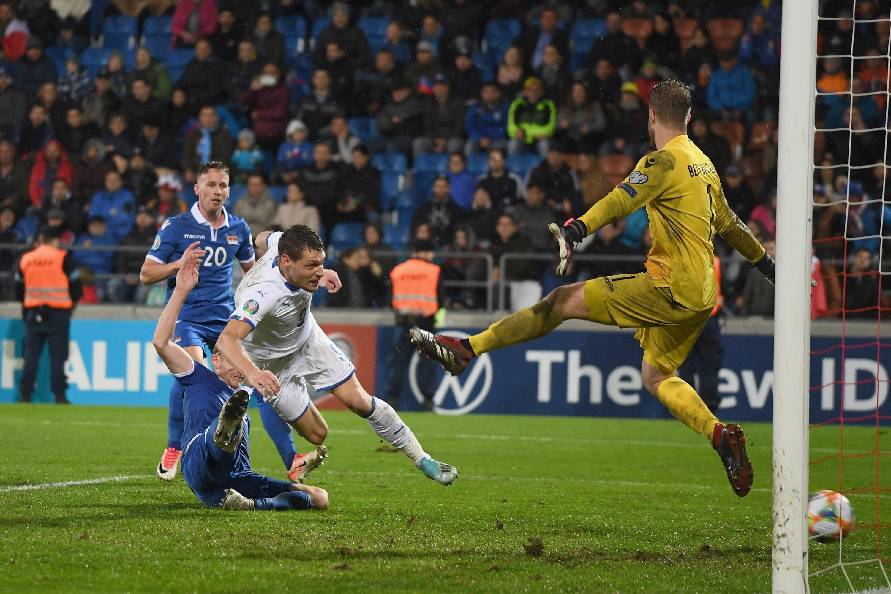 VADUZ, LIECHTENSTEIN - OCTOBER 15:  Andrea Belotti of Italy scores the fifth goal during the UEFA Euro 2020 qualifier between Liechtenstein and Italy on October 15, 2019 in Vaduz, Liechtenstein.  (Photo by Claudio Villa/Getty Images)