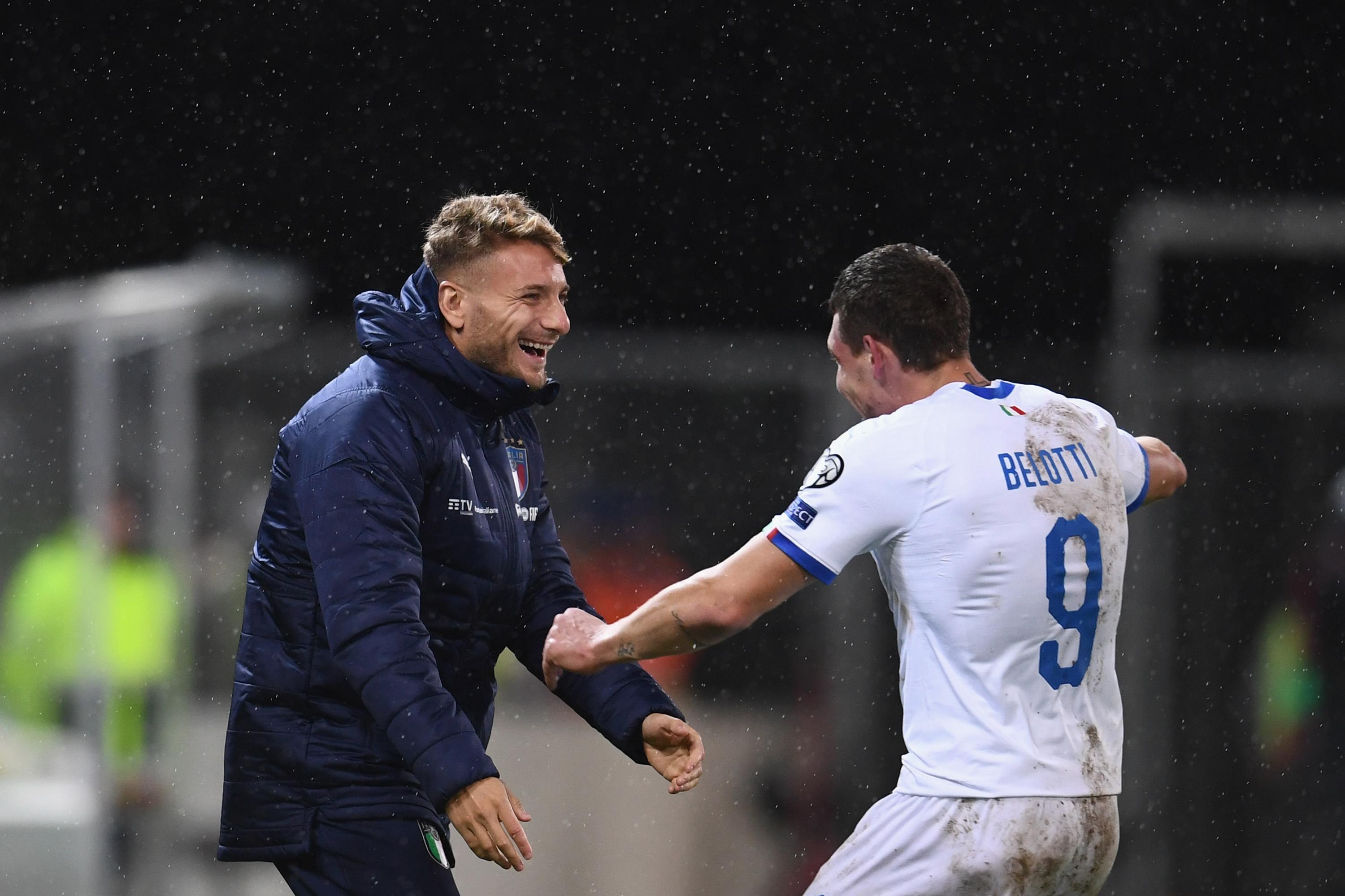 VADUZ, LIECHTENSTEIN - OCTOBER 15:  Andrea Belotti of Italy celebrates with Ciro Immobile of Italy after scoring the second goal during the UEFA Euro 2020 qualifier between Liechtenstein and Italy on October 15, 2019 in Vaduz, Liechtenstein.  (Photo by Claudio Villa/Getty Images)