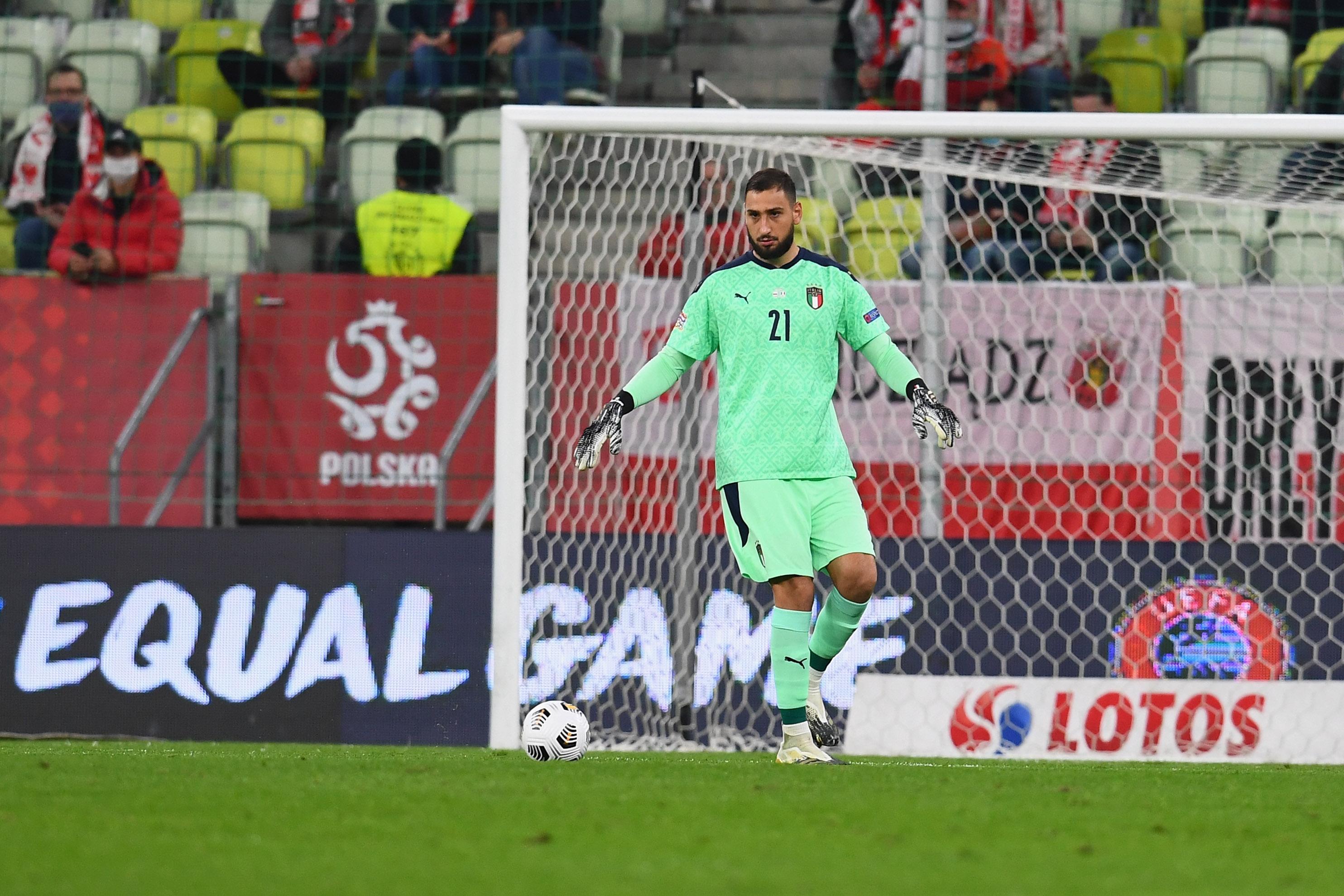 GDANSK, POLAND - OCTOBER 11:  Gianluigi Donnarumma of Italy in action during the UEFA Nations League group stage match between Poland and Italy at Gdansk Stadium on October 11, 2020 in Gdansk, Poland.  (Photo by Claudio Villa/Getty Images) *** Local Caption *** Gianluigi Donnarumma
