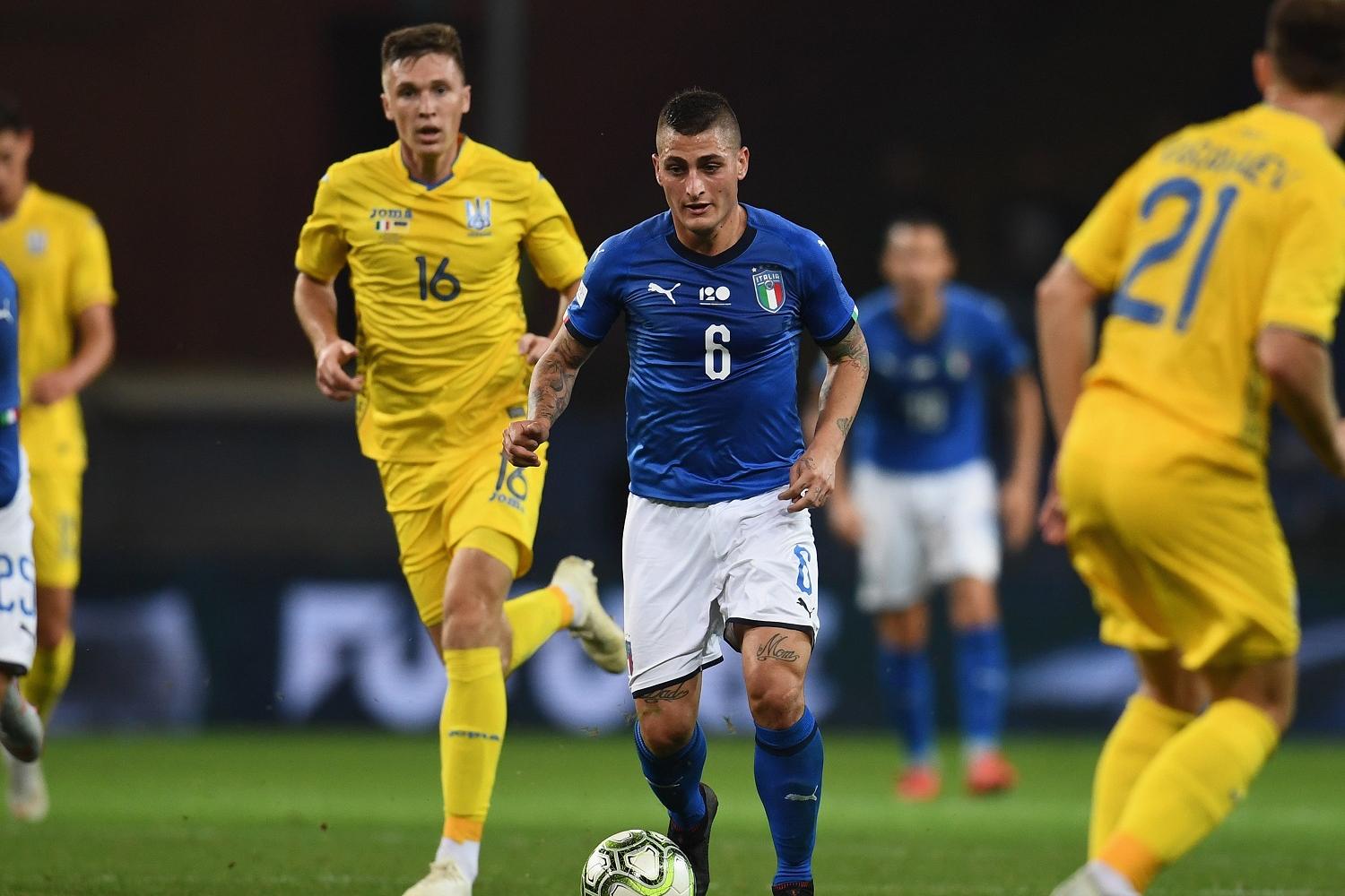 GENOA, ITALY - OCTOBER 10:  Marco Verratti of Italy in action during the International Friendly match between Italy and Ukraine on October 10, 2018 in Genoa, Italy.  (Photo by Claudio Villa/Getty Images)