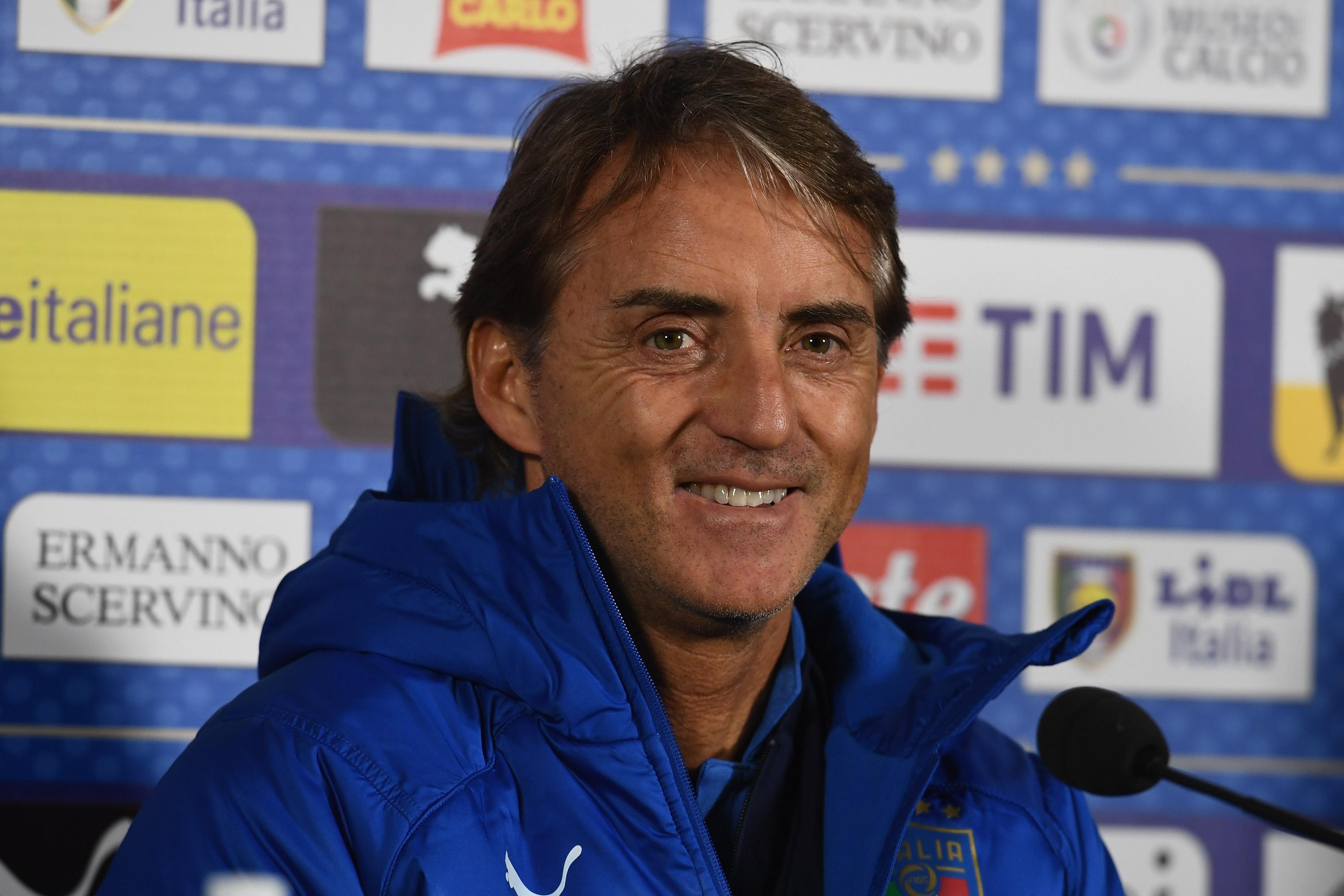 GENK, BELGIUM - NOVEMBER 19:  Head coach Italy Roberto Mancini speaks with the media during a press conference on November 19, 2018 in Genk, Belgium.  (Photo by Claudio Villa/Getty Images)