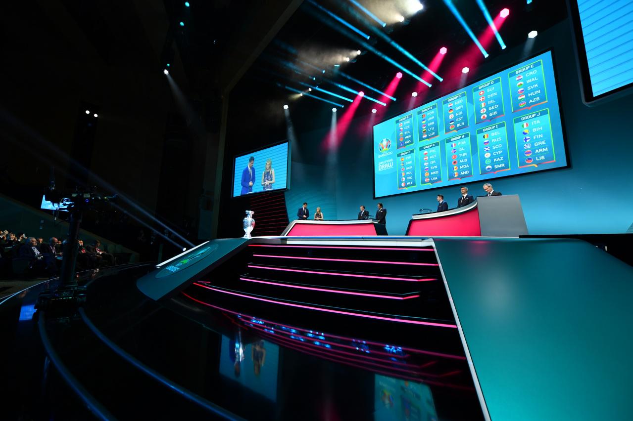 DUBLIN, IRELAND - DECEMBER 02: A view of the draw results as shown on the big screen following the UEFA Euro 2020 Draw on December 2, 2018 in Dublin, Ireland. (Photo by Brendan Moran - UEFA/UEFA via Getty Images)