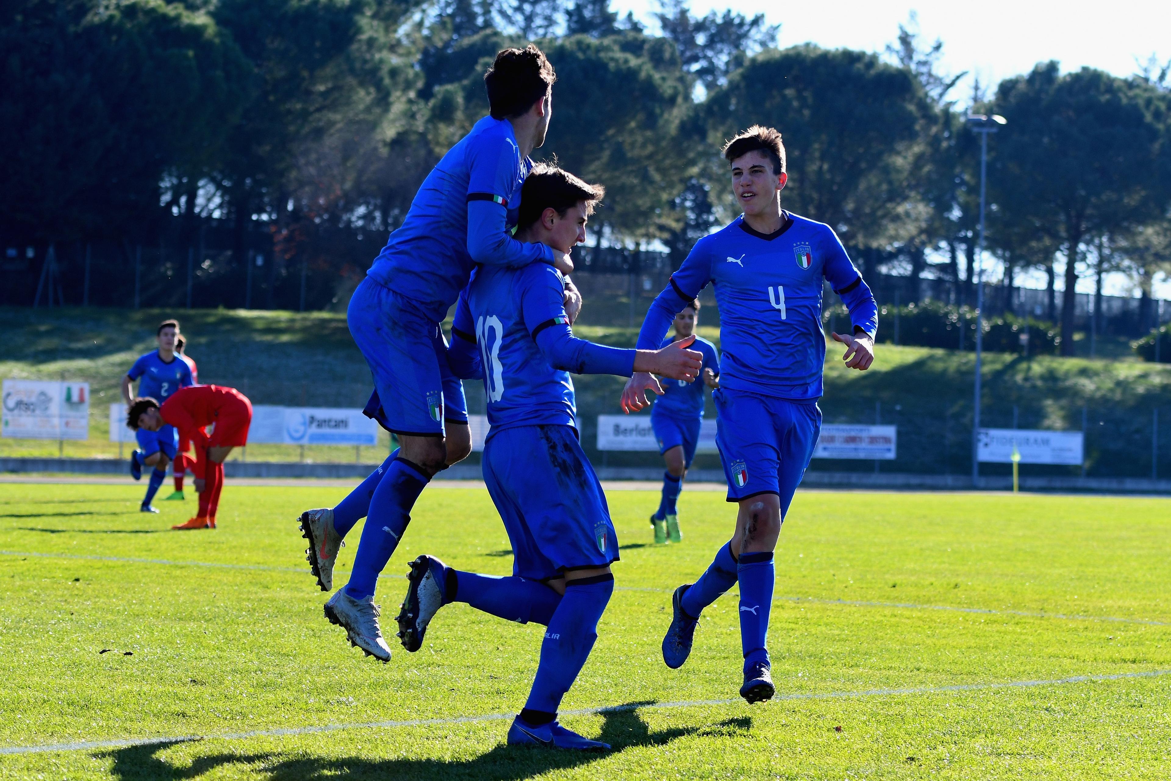 SAVIGNANO SUL RUBICONE, ITALY - DECEMBER 12:  Federico Zuccon of Italy U16 celebrates after scoring the opening goal with team mates during the International Friendly match between Italy U16 and Turkey U16 on December 12, 2018 in Savignano sul Rubicone, Italy.  (Photo by Alessandro Sabattini/Getty Images)