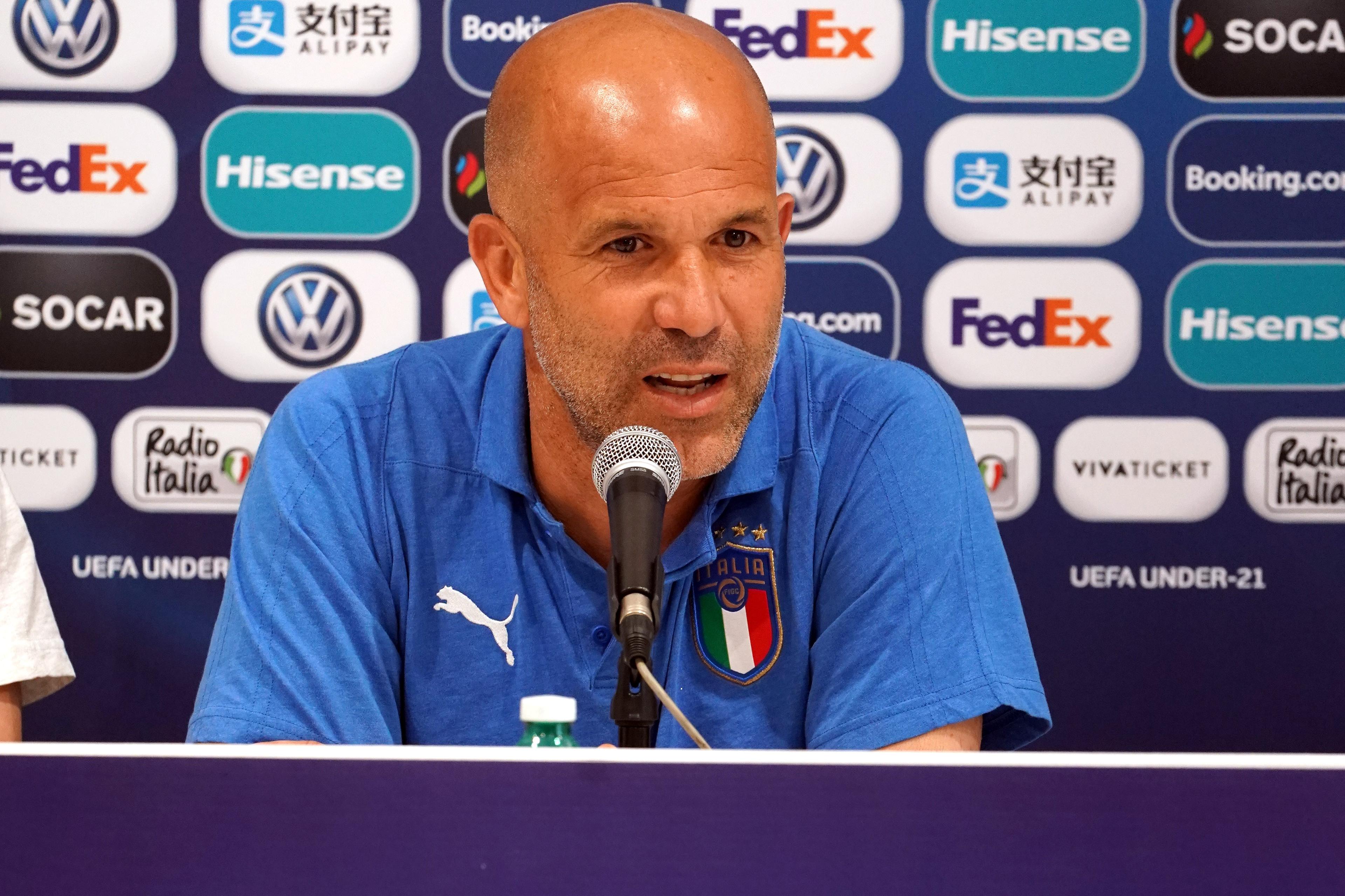BOLOGNA, ITALY - JUNE 18:  Head coach Italy Luigi Di Biagio speaks with the media during a press conference at Stadio Renato Dall\\'Ara on June 18, 2019 in Bologna, Italy.  (Photo by Claudio Villa/Getty Images)