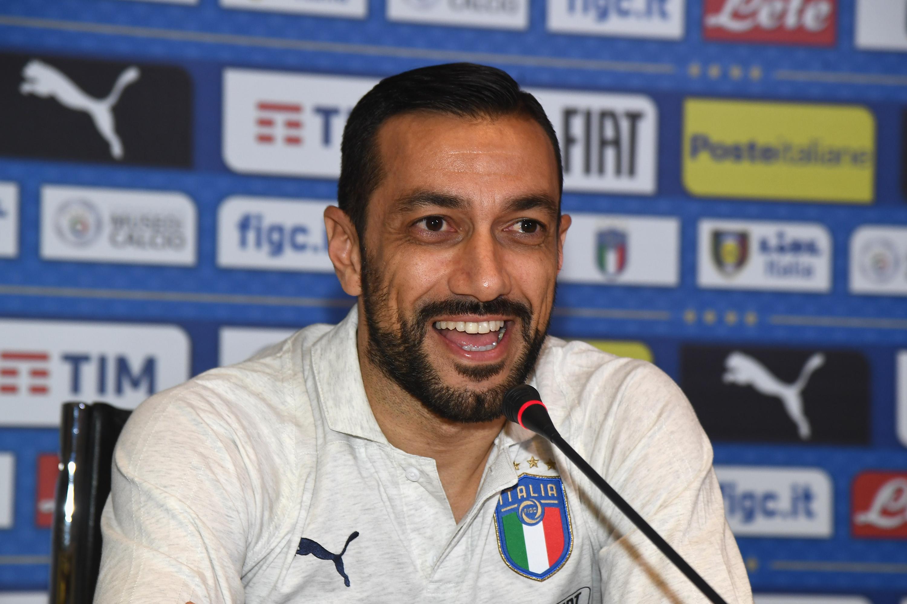 FLORENCE, ITALY - FEBRUARY 04:  Fabio Quagliarella of Italy speaks with the media during a press conference at Centro Tecnico Federale di Coverciano on February 4, 2019 in Florence, Italy.  (Photo by Claudio Villa/Getty Images)