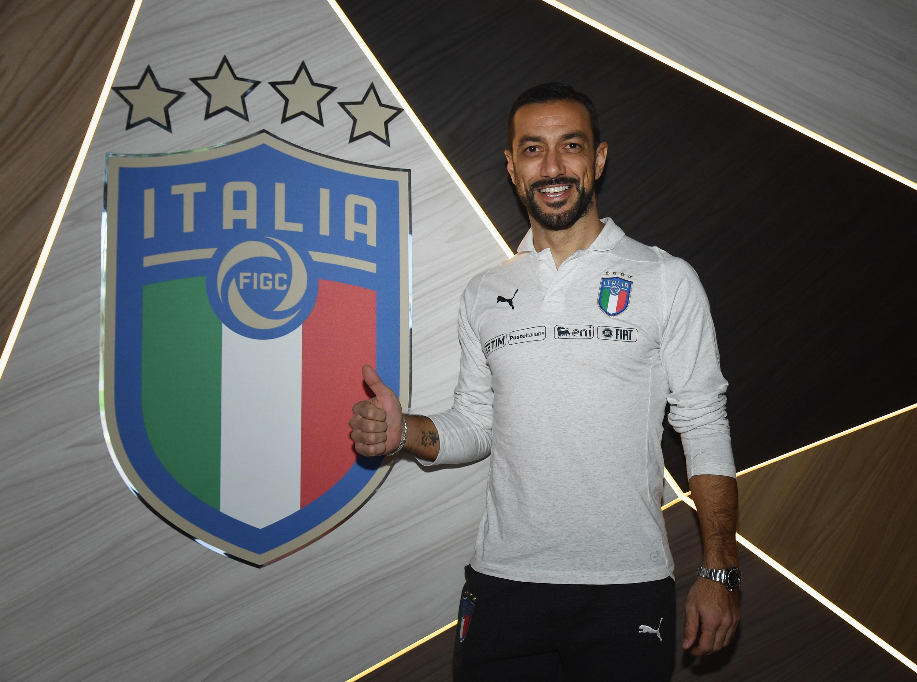 FLORENCE, ITALY - FEBRUARY 04: Fabio Quagliarella of Italy poses for a photo before a press conference at Centro Tecnico Federale di Coverciano on February 4, 2019 in Florence, Italy. (Photo by Claudio Villa/Getty Images)
