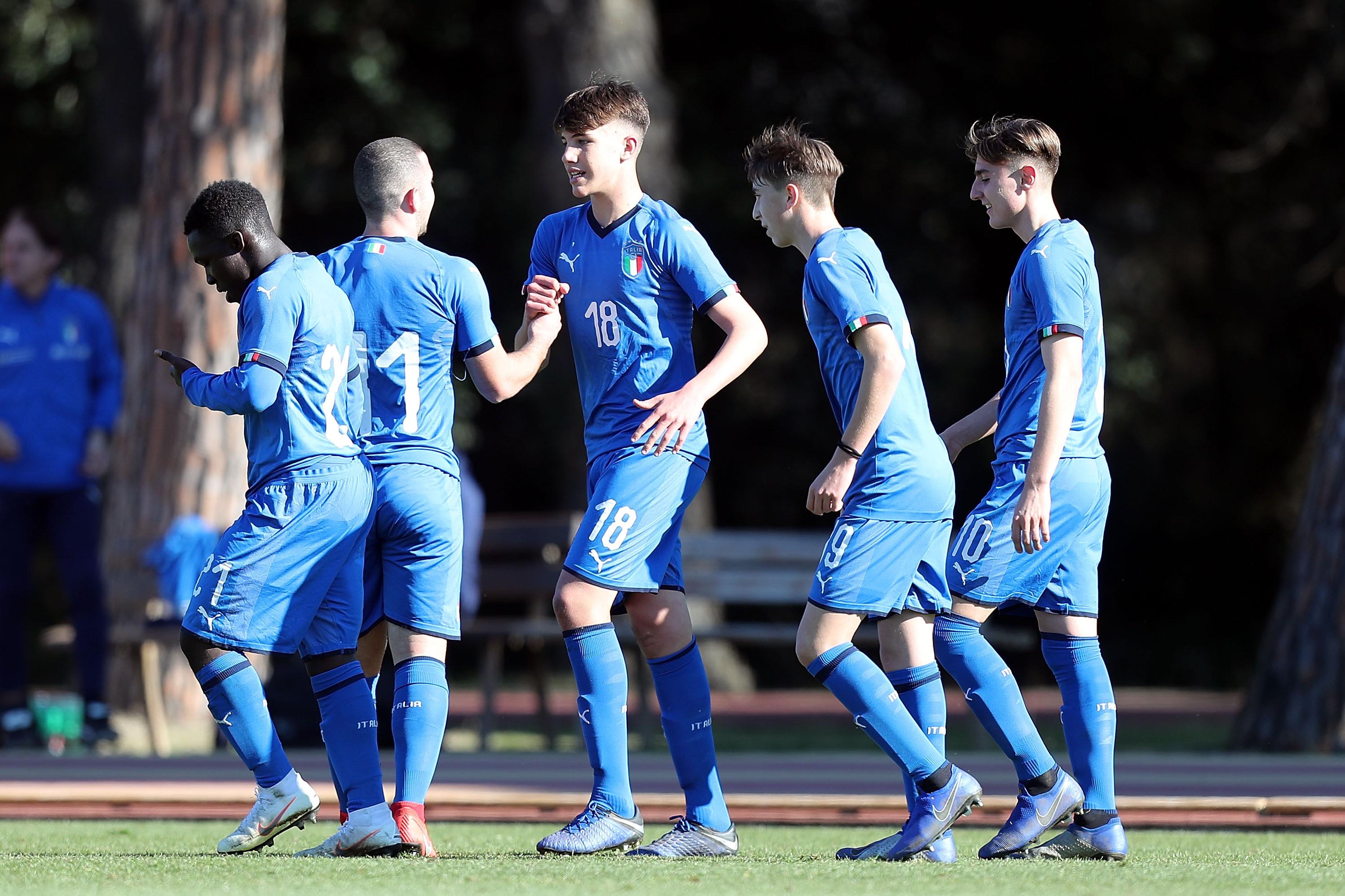 TIRRENIA, ITALY - FEBRUARY 07: Cesare Casadei of Italy U16 celebrates after scoring a goal on February 7, 2019 in Tirrenia, Italy.  (Photo by Gabriele Maltinti/Getty Images)