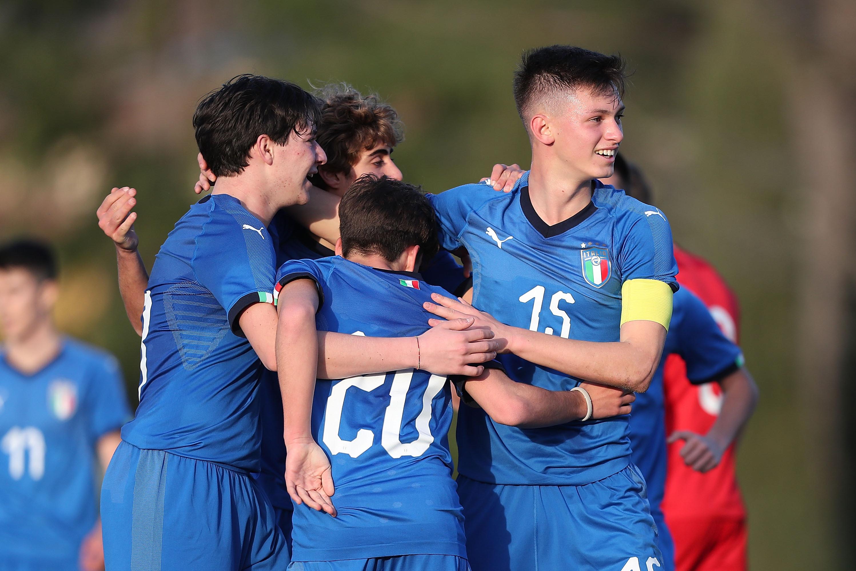 FLORENCE, ITALY - FEBRUARY 12: Federico Accornero #20 of Italy U15 celebrates after scoring a goal during the International Friendly match between Italy U15 and Turkey U15 at Centro Tecnico Federale di Coverciano on February 12, 2019 in Florence, Italy. (Photo by Gabriele Maltinti/Getty Images)