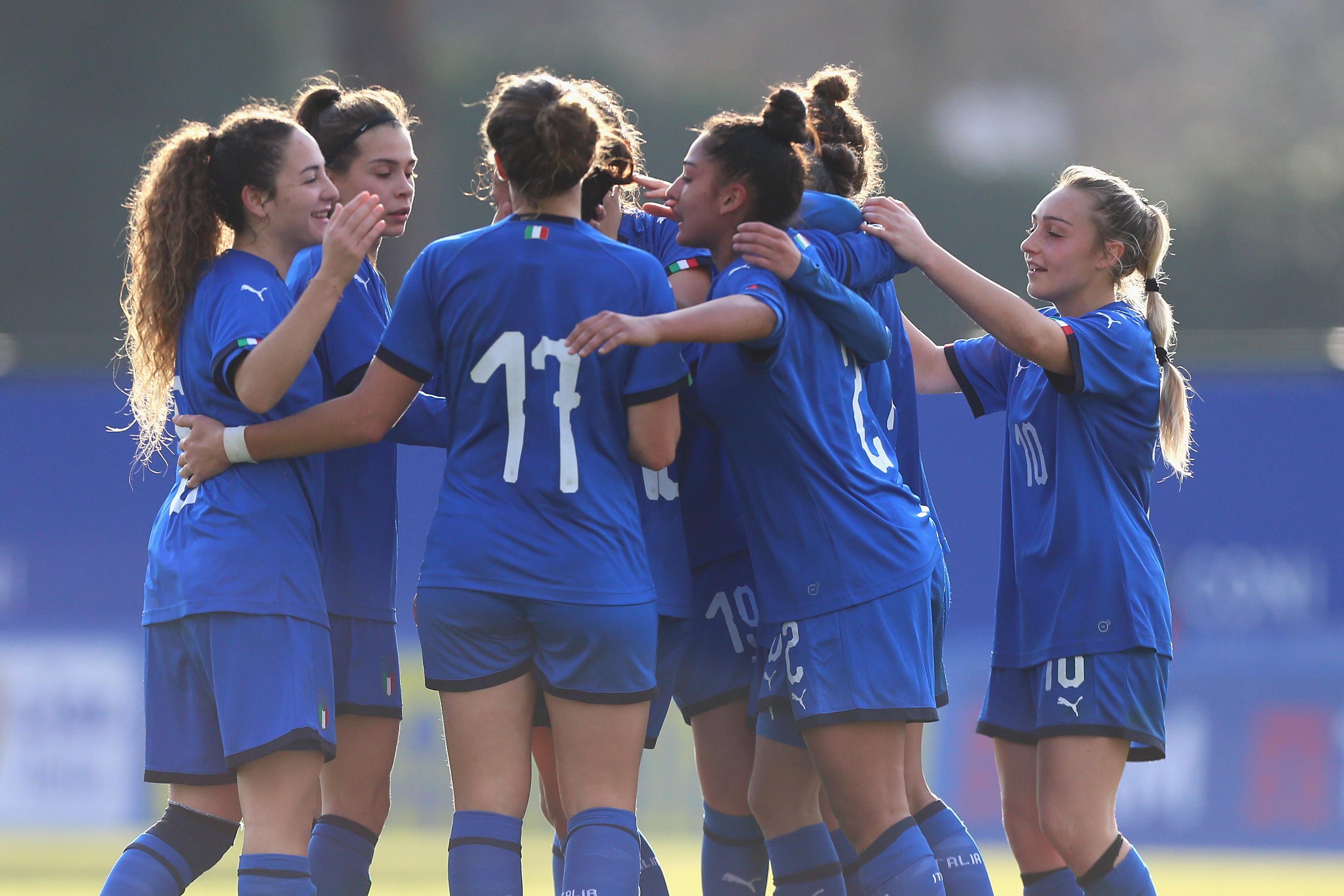 ROME, ITALY - JANUARY 17: Melissa Bellucci with her teammates of Italy celebrates after scoring the team\\'s third goal during the friendly match between Italy women U19 and Republic of Ireland women U19 at \\'Giulio Onesti\\' sport center on January 17, 2019 in Rome, Italy. (Photo by Paolo Bruno/Getty Images)