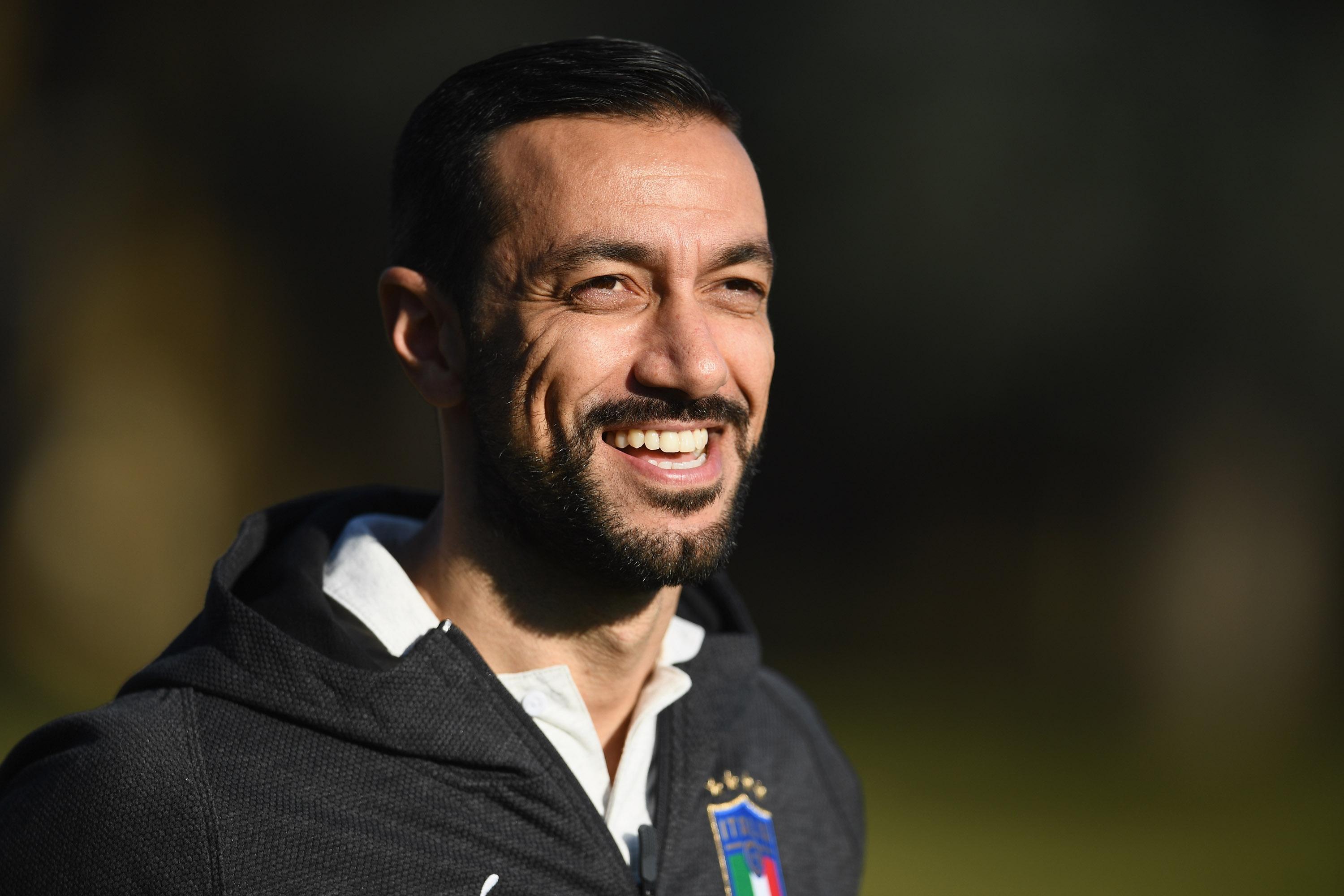 FLORENCE, ITALY - FEBRUARY 04: Fabio Quagliarella of Italy in action during a training session at Centro Tecnico Federale di Coverciano on February 4, 2019 in Florence, Italy. (Photo by Claudio Villa/Getty Images)
