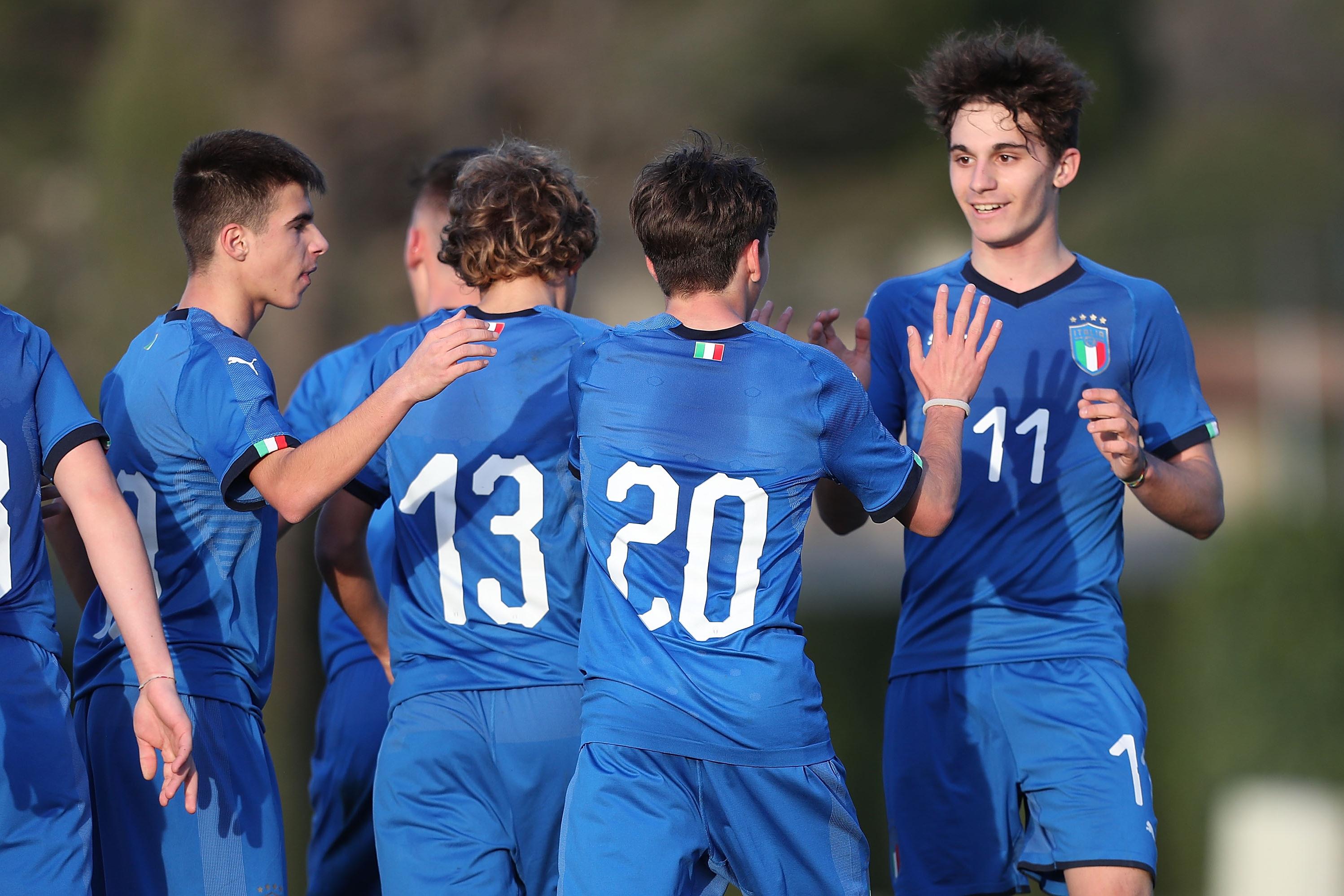 FLORENCE, ITALY - FEBRUARY 12: Federico Accornero #20 of Italy U15 celebrates after scoring a goal during the International Friendly match between Italy U15 and Turkey U15 at Centro Tecnico Federale di Coverciano on February 12, 2019 in Florence, Italy. (Photo by Gabriele Maltinti/Getty Images)