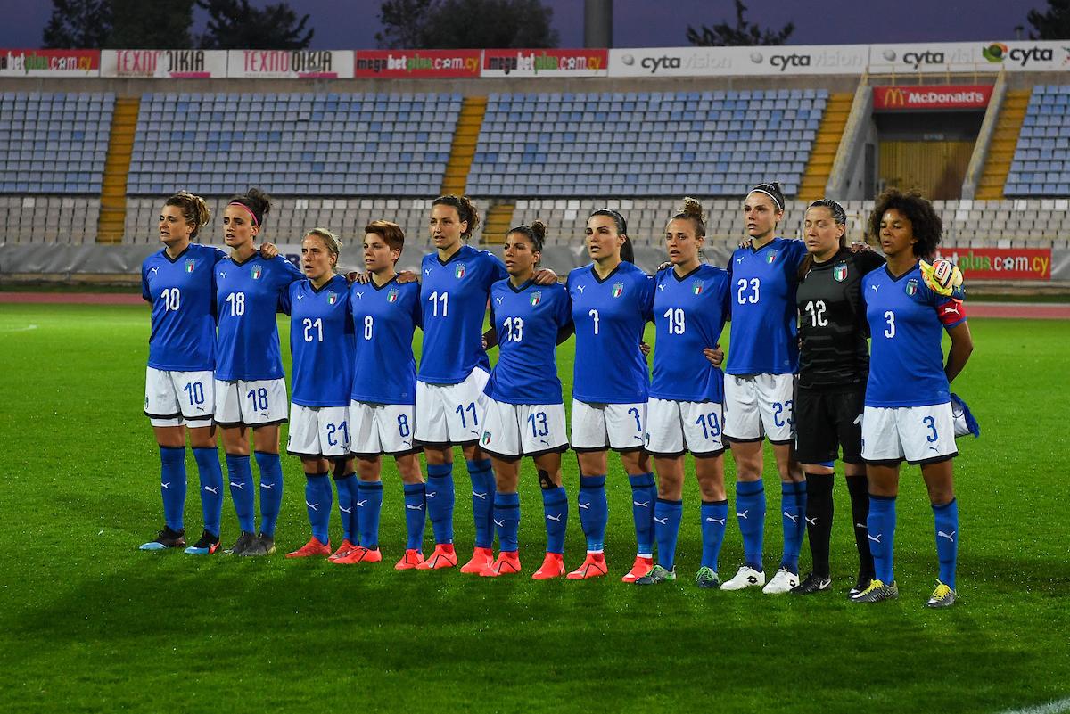 20190306 - LARNACA , CYPRUS : Italian players with Sara Gama (3) , Alia Guagni (7) , Manuela Giugliano (8) , Cristiana Girelli (10) , Ilaria Mauro (11) , Chiara Marchitelli (12) , Elisa Bartoli (13) , Barbara Bonansea (18) , Aurora Galli (19) , Valentia Cernola (21) and Cecilia Salvai (23) pictured posing for the teampicture during a women's soccer game between Korea DPR and Italy , on Wednesday 6 March 2019 at the GSZ Stadium in Larnaca , Cyprus . This is final of the Cyprus Womens Cup 2019 , a prestigious women soccer tournament as a preparation on the FIFA Women's World Cup 2019 in France . PHOTO SPORTPIX.BE | DAVID CATRY