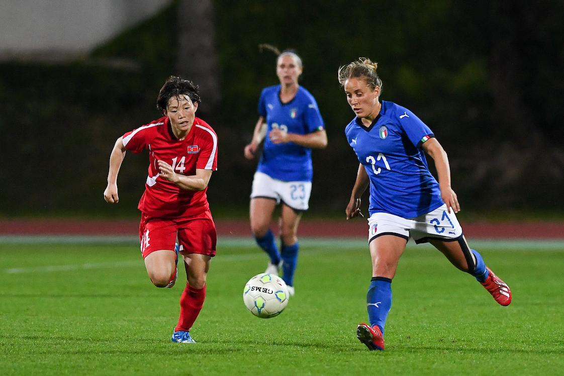 20190306 - LARNACA , CYPRUS : Italian Valentina Cernola pictured with Korean Ri Hyang Sim during a women\\'s soccer game between Korea DPR and Italy , on Wednesday 6 March 2019 at the GSZ Stadium in Larnaca , Cyprus . This is final of  the Cyprus Womens Cup 2019 , a prestigious women soccer tournament as a preparation on the FIFA Women\\'s World Cup 2019 in France . PHOTO SPORTPIX.BE | DAVID CATRY