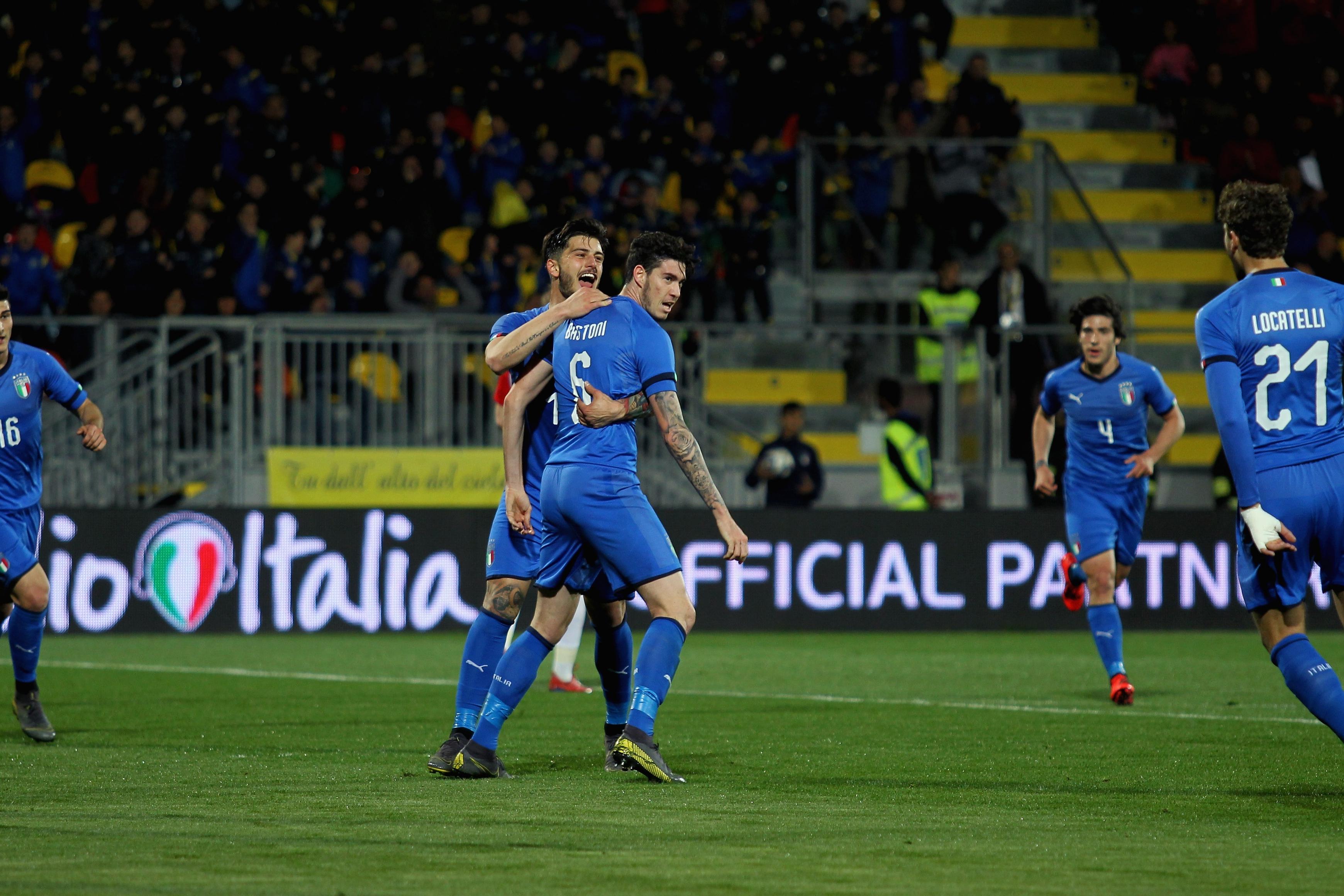 FROSINONE, ITALY - MARCH 25: Alessandro Bastoni #6 with his teammate Kevin Bonifazi of Italy U21 celebrates after scoring the opening goal during the International Friendly match between Italy U21 and Croatia U21 at Stadio Benito Stirpe on March 25, 2019 in Frosinone, Italy. (Photo by Paolo Bruno/Getty Images)