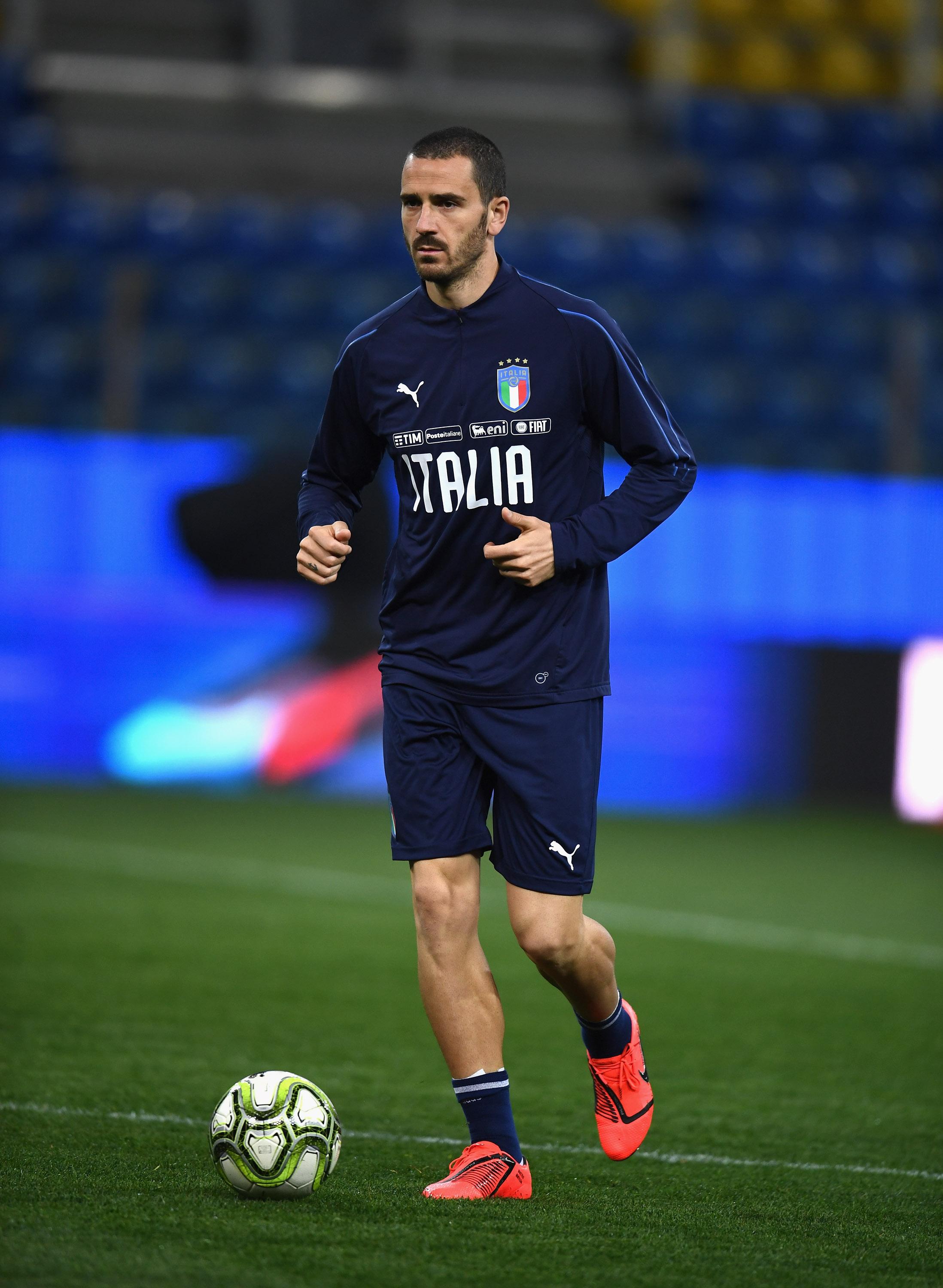 PARMA, ITALY - MARCH 25: Leonardo Bonucci of Italy in action during a Italy training session at Ennio Tardini on March 25, 2019 in Parma, Italy. (Photo by Claudio Villa/Getty Images)
