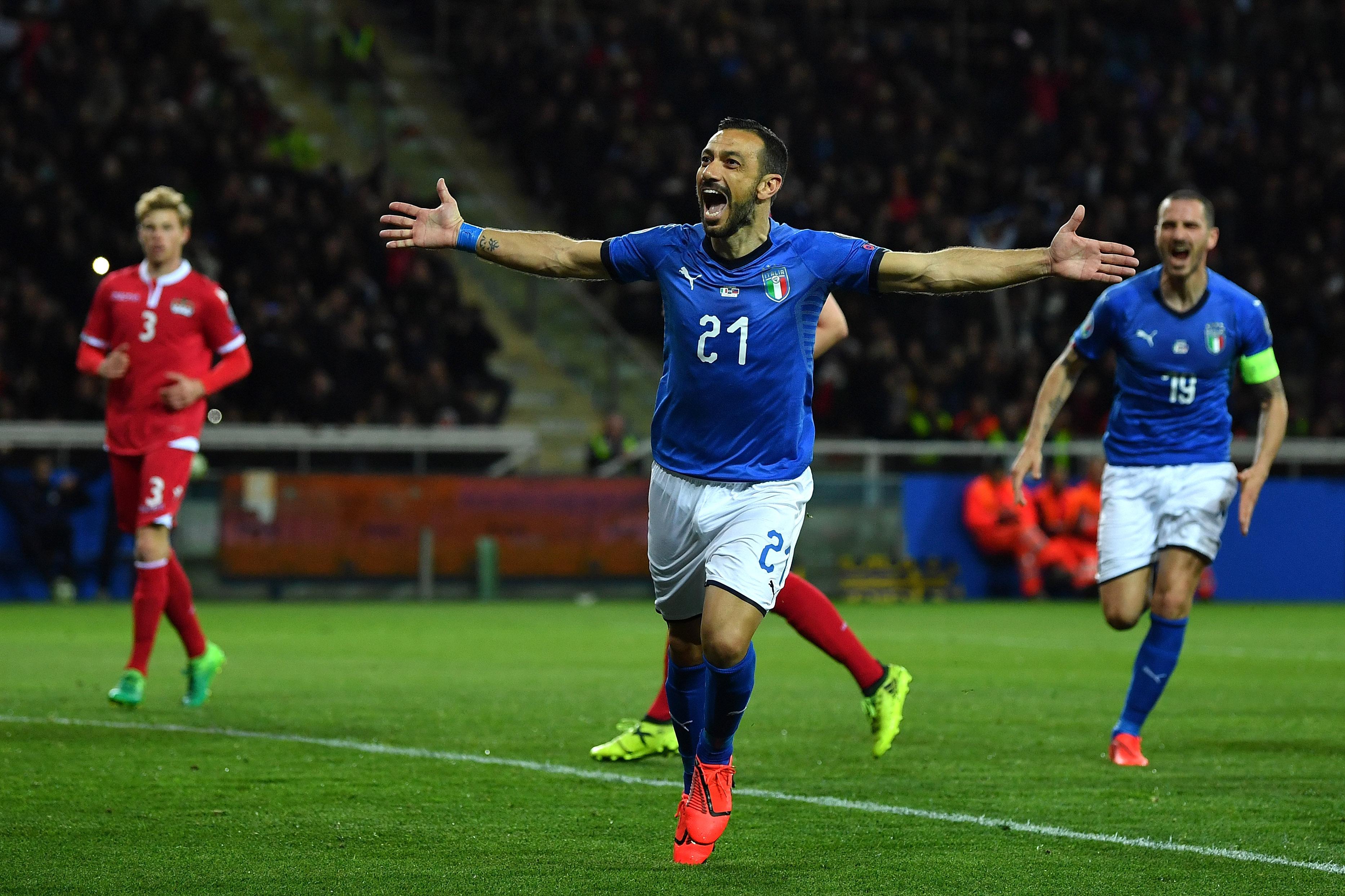 PARMA, ITALY - MARCH 26:  Fabio Quagliarella of Italy celebrates his goal of 3-0 during the 2020 UEFA European Championships group J qualifying match between Italy and Liechtenstein at Ennio Tardini on March 26, 2019 in Parma, Italy.  (Photo by Valerio Pennicino/Getty Images)