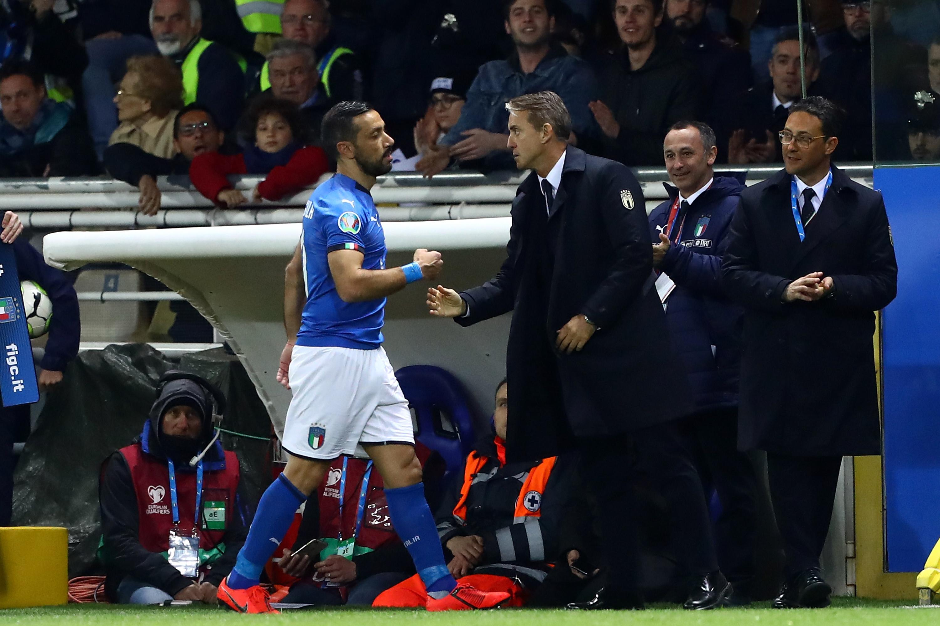 PARMA, ITALY - MARCH 26:  Fabio Quagliarella of Italy being substituted during the 2020 UEFA European Championships group J qualifying match between Italy and Liechtenstein at Ennio Tardini on March 26, 2019 in Parma, Italy.  (Photo by Marco Luzzani/Getty Images)