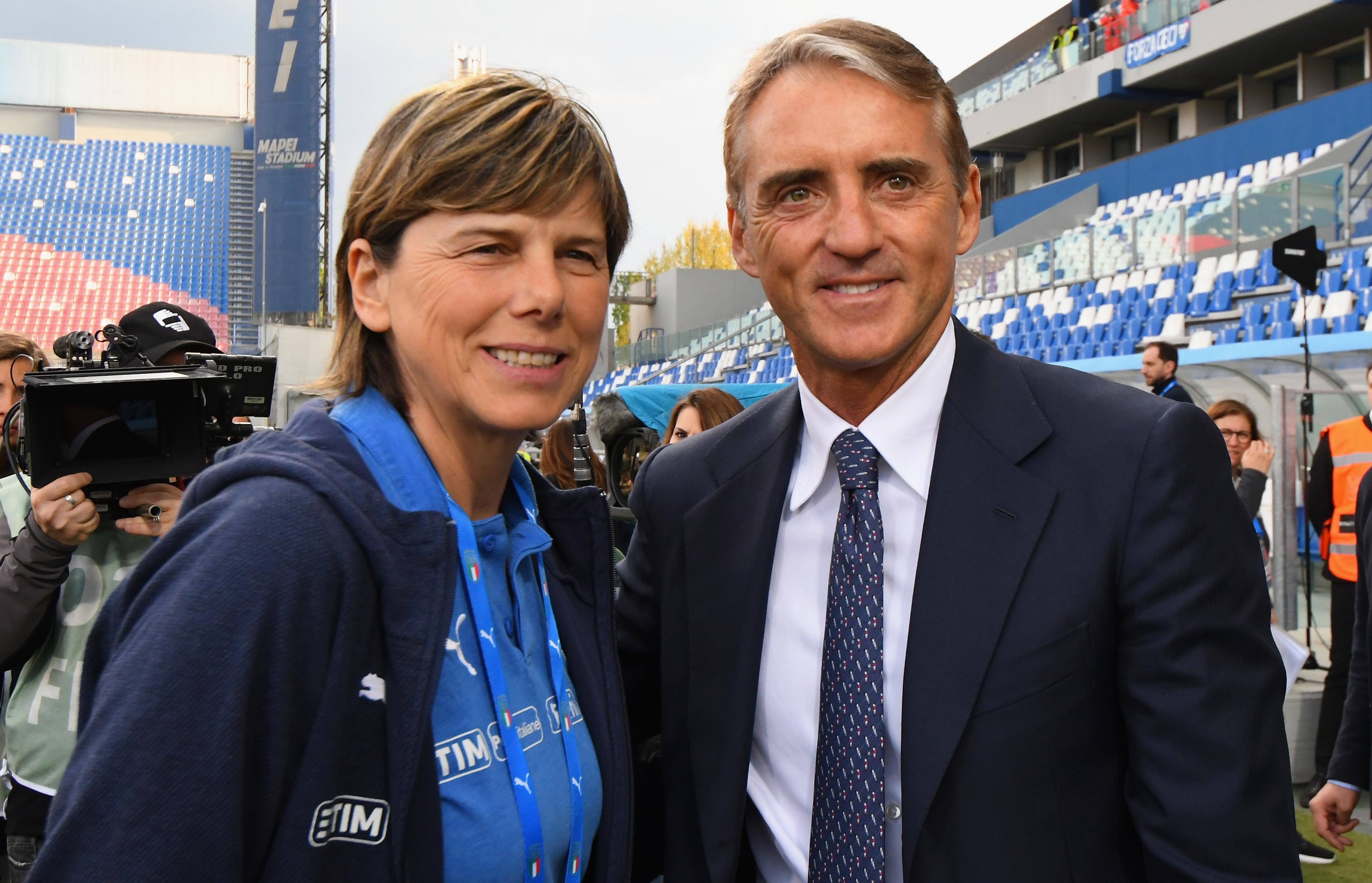 REGGIO NELL'EMILIA, ITALY - APRIL 09: Milena Bertolini head coach of Italy Woman and Roberto Mancini head coach of Italy during the International Friendly match between Italy Women and Ireland Women at Mapei Stadium - CittÃ del Tricolore on April 9, 2019 in Reggio nell'Emilia, Italy (Photo by Alessandro Sabattini/Getty Images)