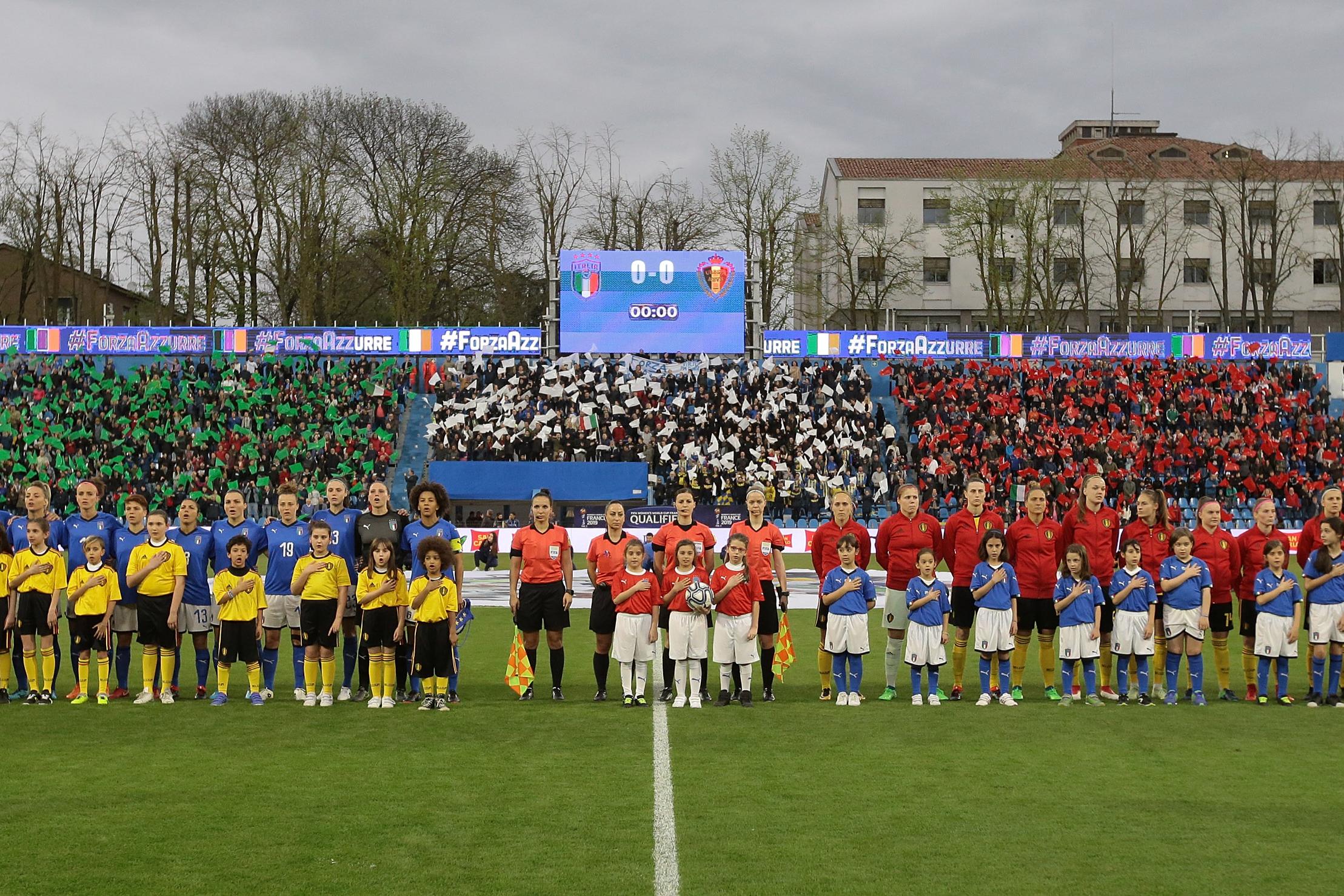 FERRARA, ITALY - APRIL 10: Italy and Belgium team line up for the anthems prior to the FIFA Women\\'s World Cup Qualifier between Italy and Belgium at Stadio Paolo Mazza on April 10, 2018 in Ferrara, Italy.  (Photo by Emilio Andreoli/Getty Images)