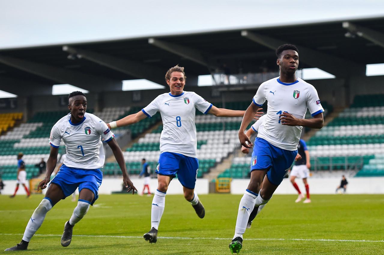 DUBLIN, IRELAND - MAY 16: Iyenoma Destiny Udogie of Italy celebrates after scoring his side\\'s second goal during the 2019 UEFA European Under-17 Championship semi-final match between France and Italy at Tallaght Stadium, on May 16, 2019, in Tallaght, Dublin, Ireland.