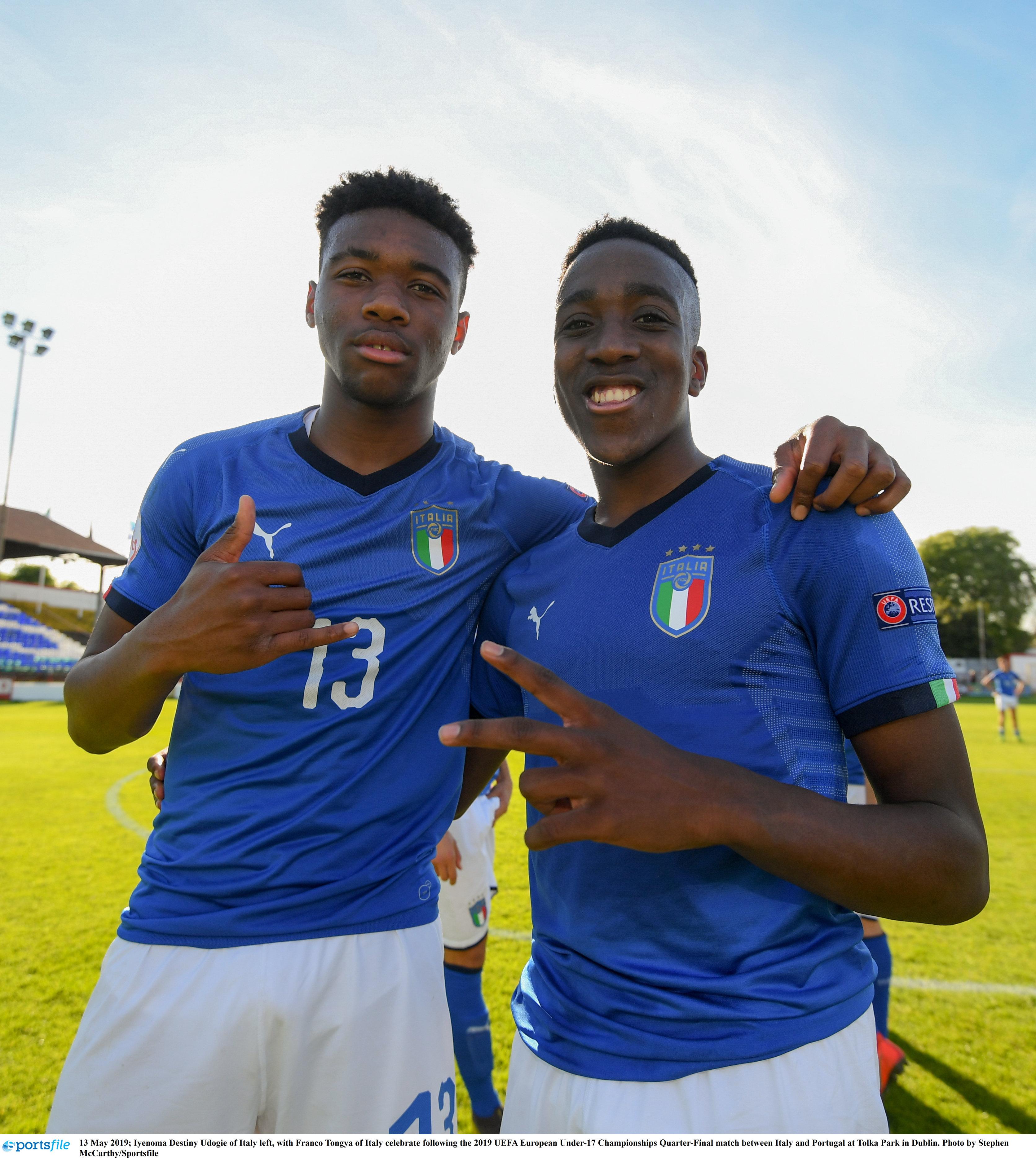 13 May 2019; Iyenoma Destiny Udogie of Italy left, with Franco Tongya of Italy celebrate following the 2019 UEFA European Under-17 Championships Quarter-Final match between Italy and Portugal at Tolka Park in Dublin. Photo by Stephen McCarthy/Sportsfile