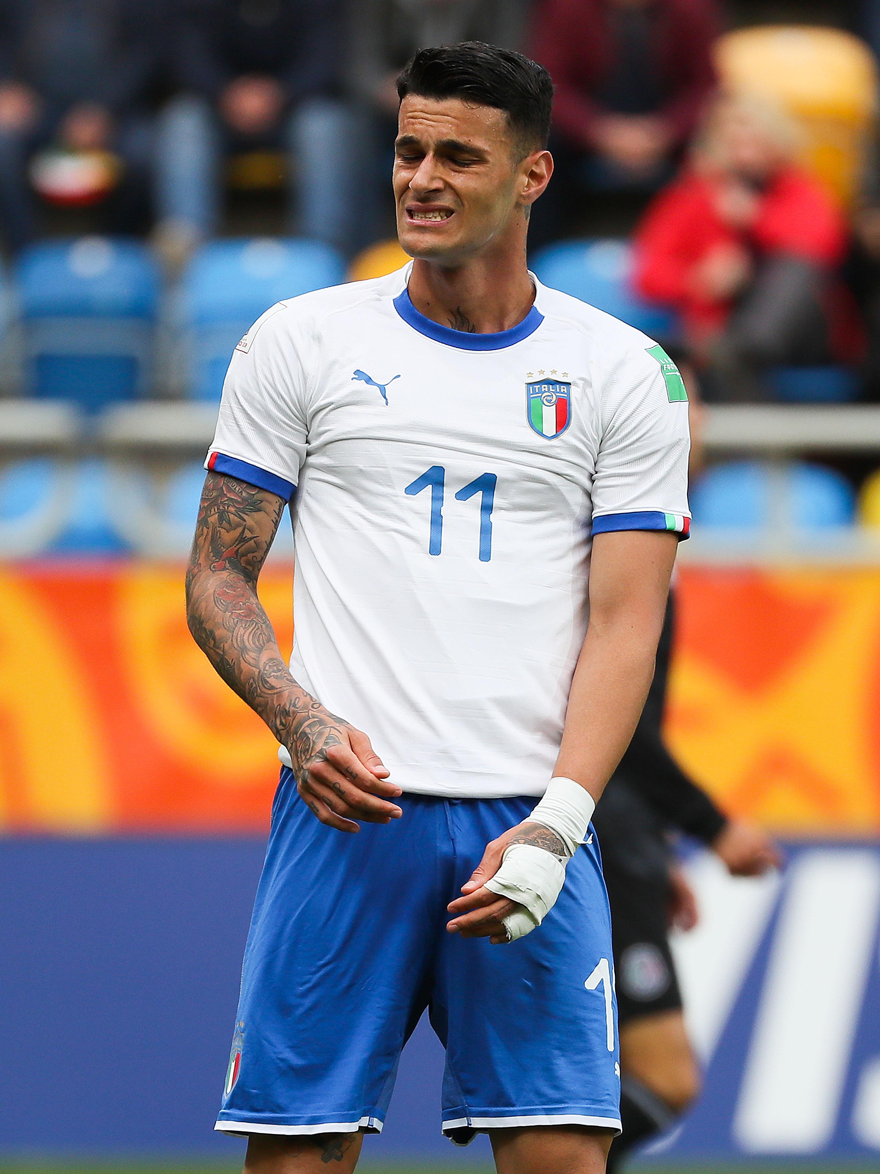 GDYNIA, POLAND - MAY 23: Gianluca Scamacca of Italy reacts during the 2019 FIFA U-20 World Cup group B match between Mexico and Italy at Gdynia Stadium on May 23, 2019 in Gdynia, Poland. (Photo by Kevin C. Cox - FIFA/FIFA via Getty Images)