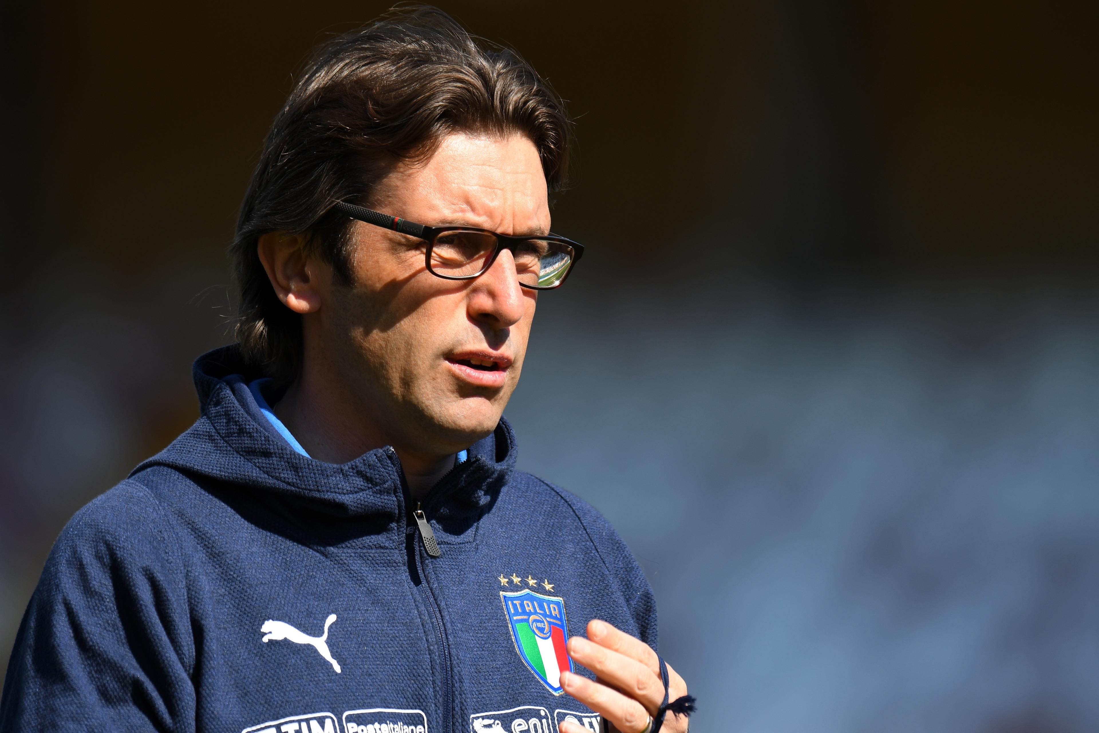 PADOVA, ITALY - MARCH 26: Federico Guidi head coach of Italy U19 looks on before the UEFA Elite Round match between Italy U19 and Serbia U19 on March 26, 2019 in Abano Terme near Padova, Italy. (Photo by Alessandro Sabattini/Getty Images)