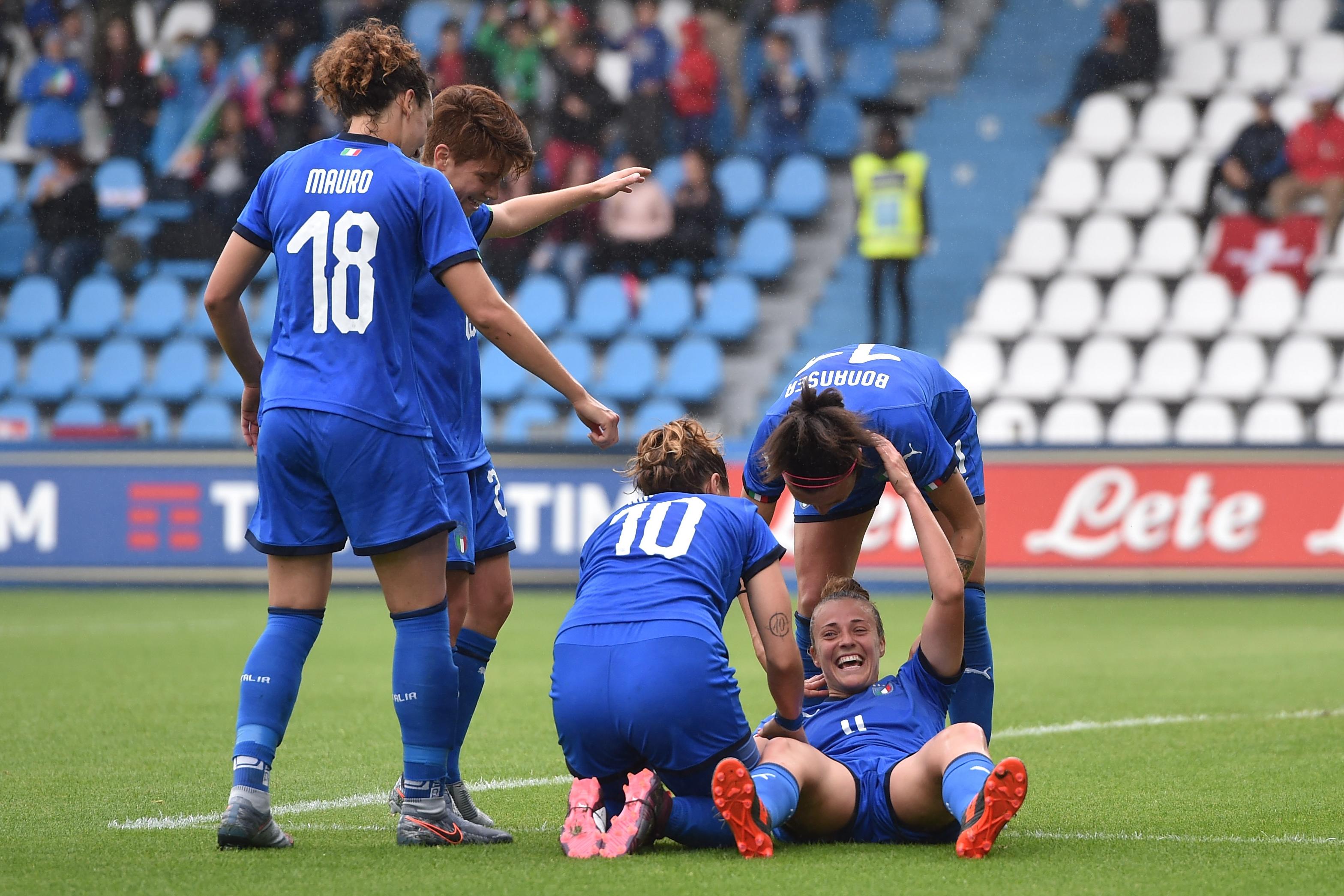 FERRARA, ITALY - MAY 29:  Aurora Galli of Italy celebrates after scoring the opening goal  during the International Friendly match Italy Women and Switzerland Women at Stadio Paolo Mazza on May 29, 2019 in Ferrara, Italy. (Photo by Tullio M. Puglia/Getty Images)
