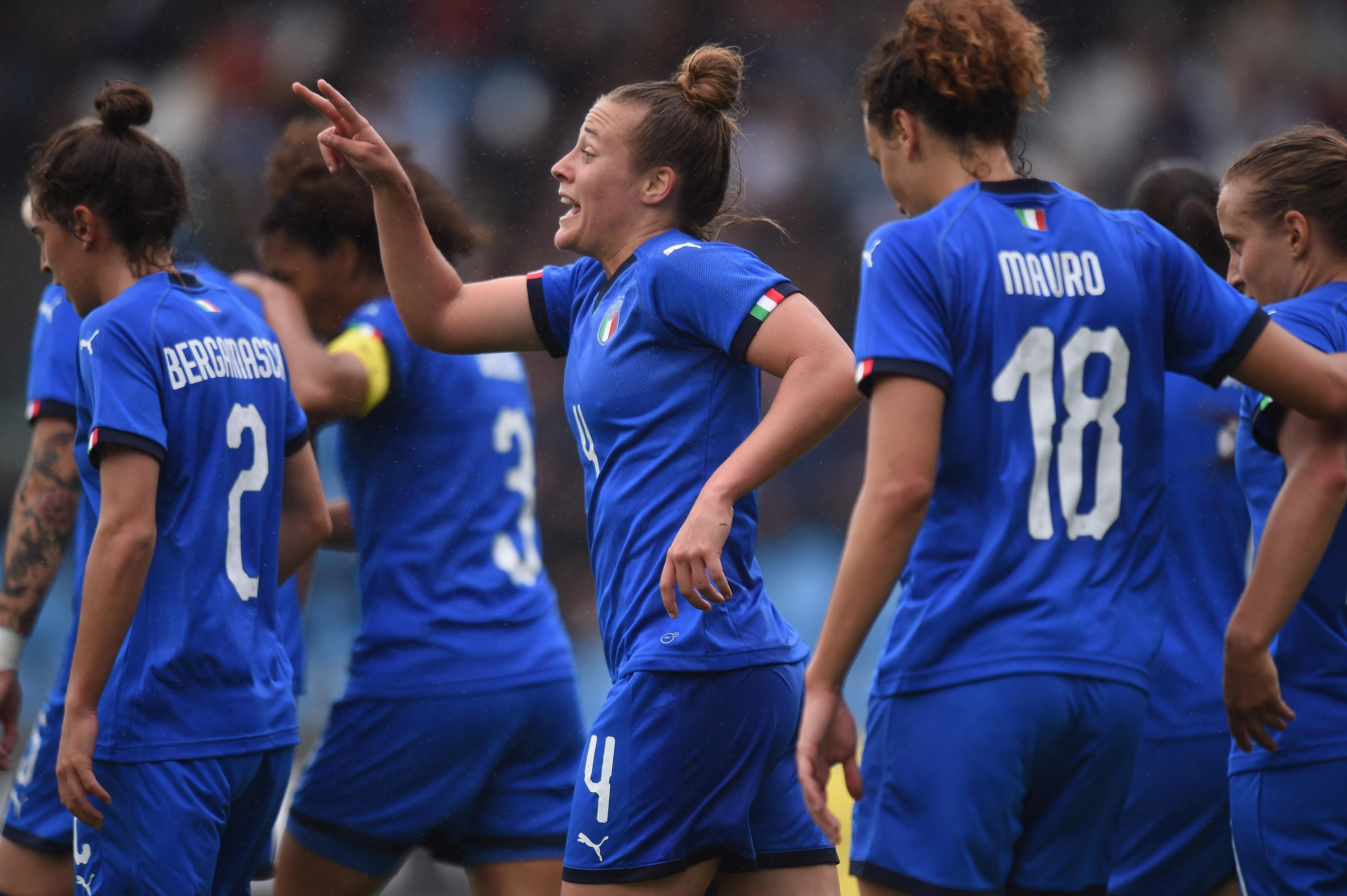 FERRARA, ITALY - MAY 29: Aurora Galli of Italy celebrates after scoring the opening goal during the International Friendly match Italy Women and Switzerland Women at Stadio Paolo Mazza on May 29, 2019 in Ferrara, Italy. (Photo by Tullio M. Puglia/Getty Images)