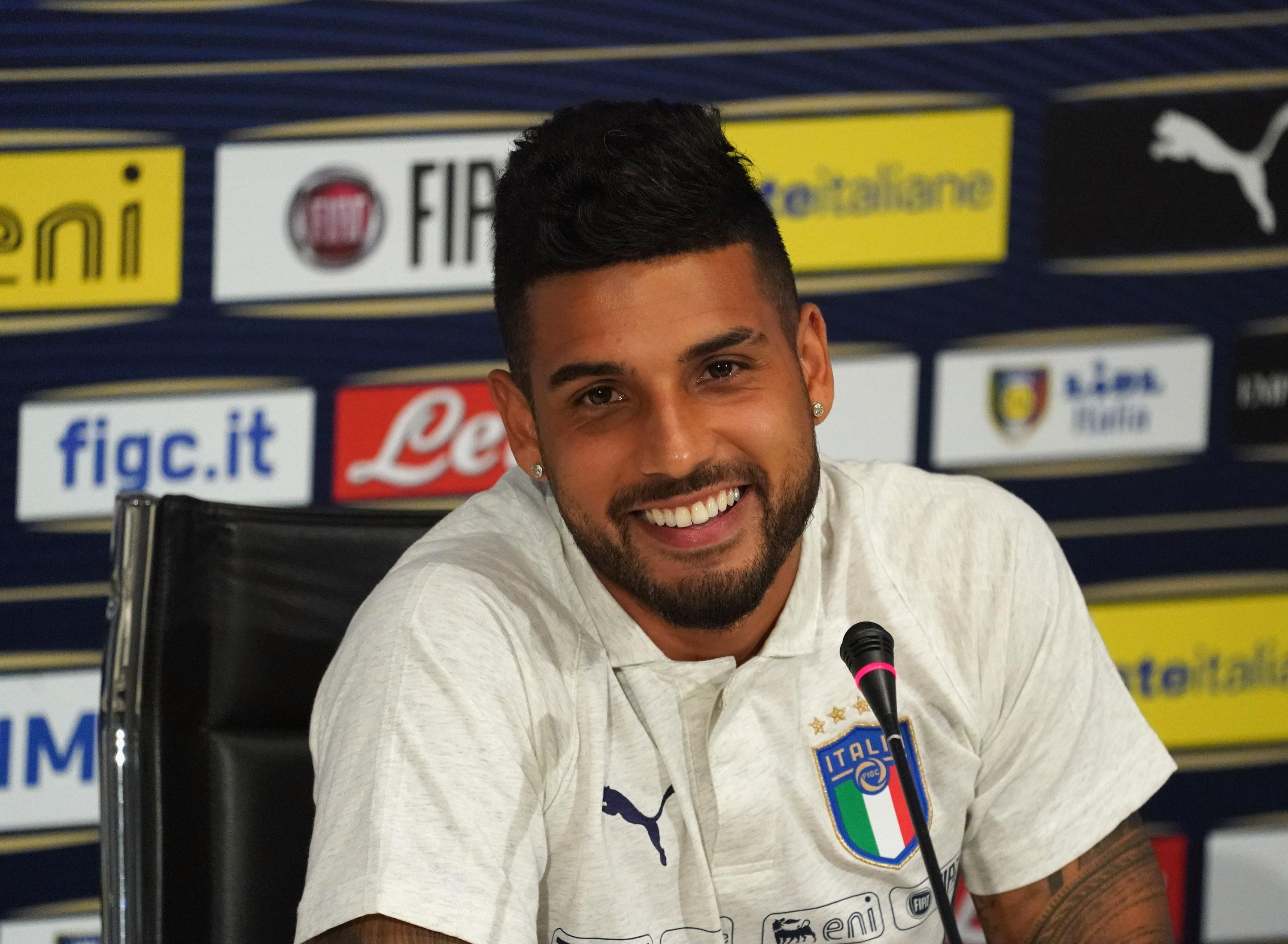 FLORENCE, ITALY - JUNE 03: Emerson Palmieri of Italy speaks with the media during a Italy press conference at Centro Tecnico Federale di Coverciano on June 3, 2019 in Florence, Italy. (Photo by Claudio Villa/Getty Images)