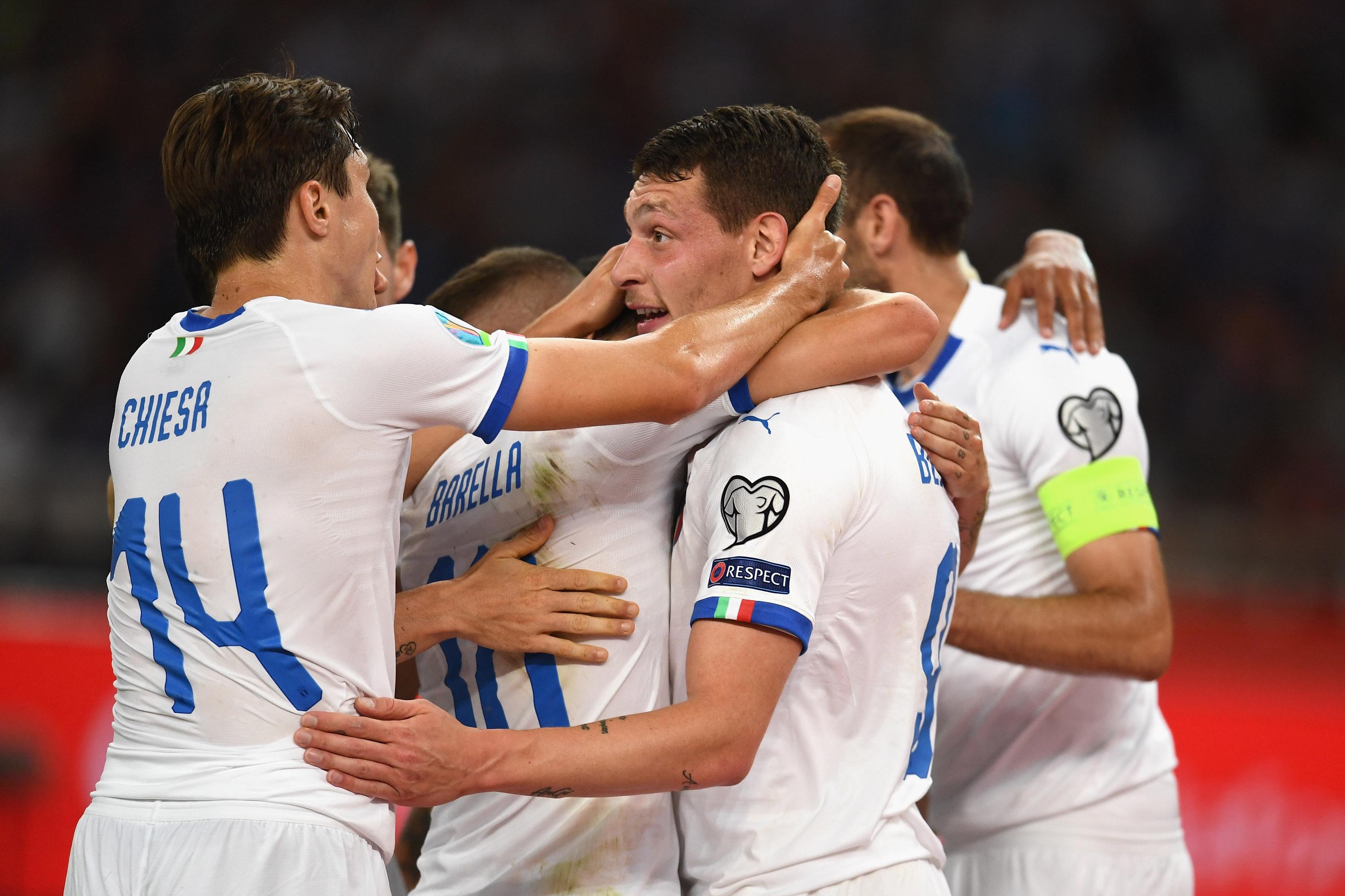 ATHENS, GREECE - JUNE 08:  Nicola Barella of Italy celebrates with team-mates after scoring the opening goal during  the UEFA Euro 2020 Qualifier between Greece and Italy on June 8, 2019 in Athens, Greece.  (Photo by Claudio Villa/Getty Images)