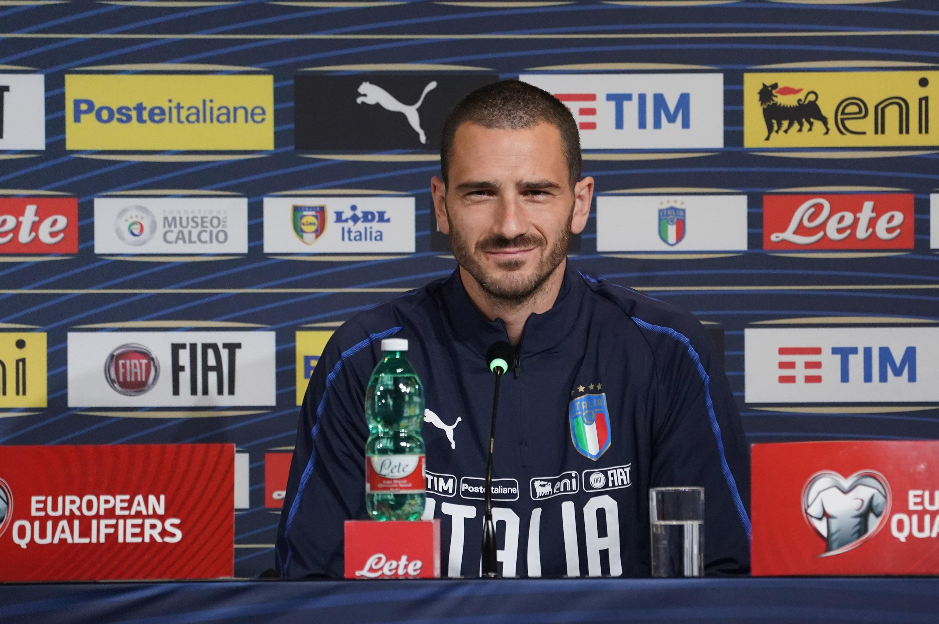 TURIN, ITALY - JUNE 10: Leonardo Bonucci of Italy speaks with the media during a Italy press conference at Allianz Stadium on June 10, 2019 in Turin, Italy. (Photo by Claudio Villa/Getty Images)