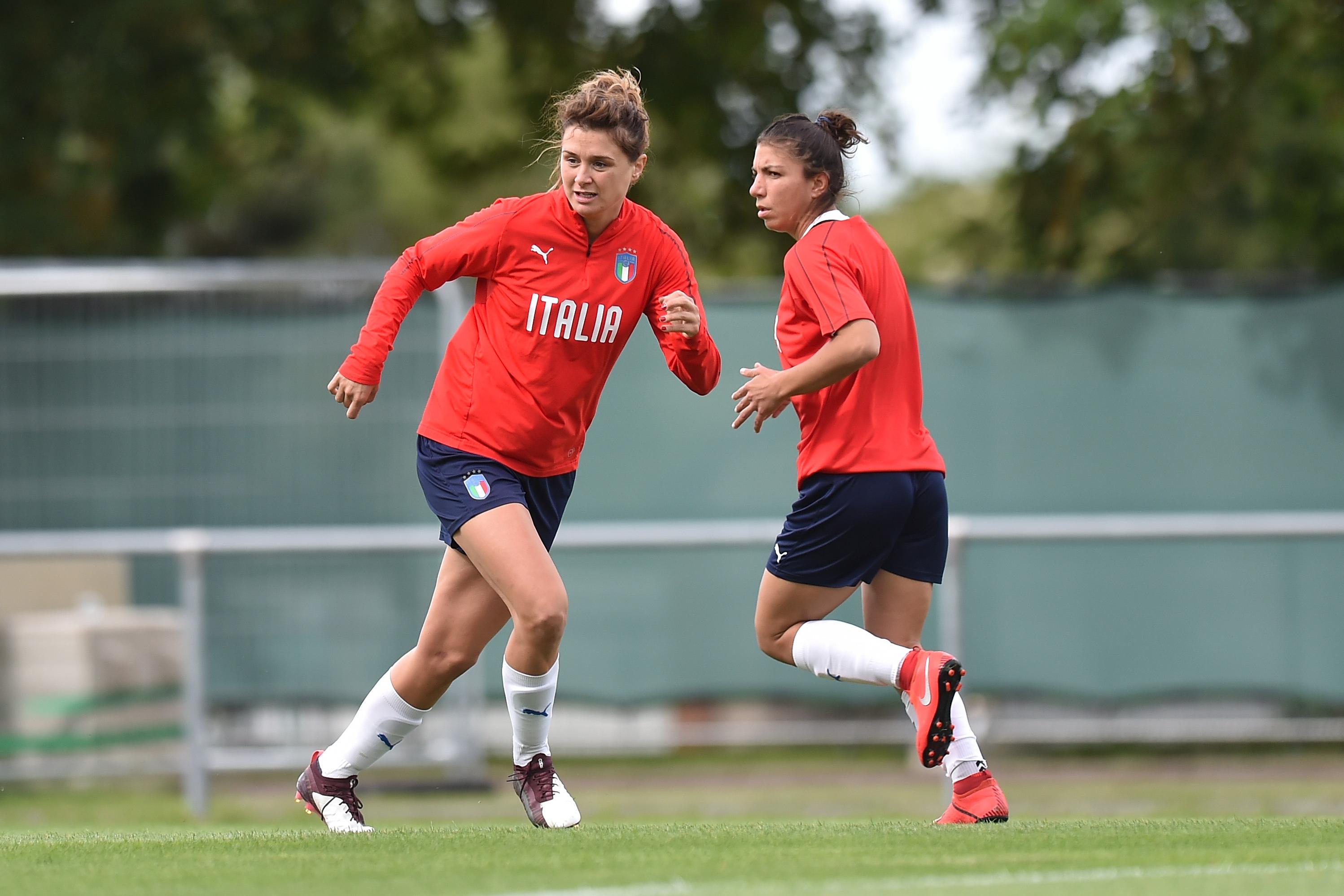 REIMS, FRANCE - JUNE 11: Cristiana Girelli and Elisa Bartoli of Italy Women in action during a training session at Stade Jean Boucton on June 11, 2019 in Witry-les-Reims near Reims, France. (Photo by Tullio M. Puglia/Getty Images)