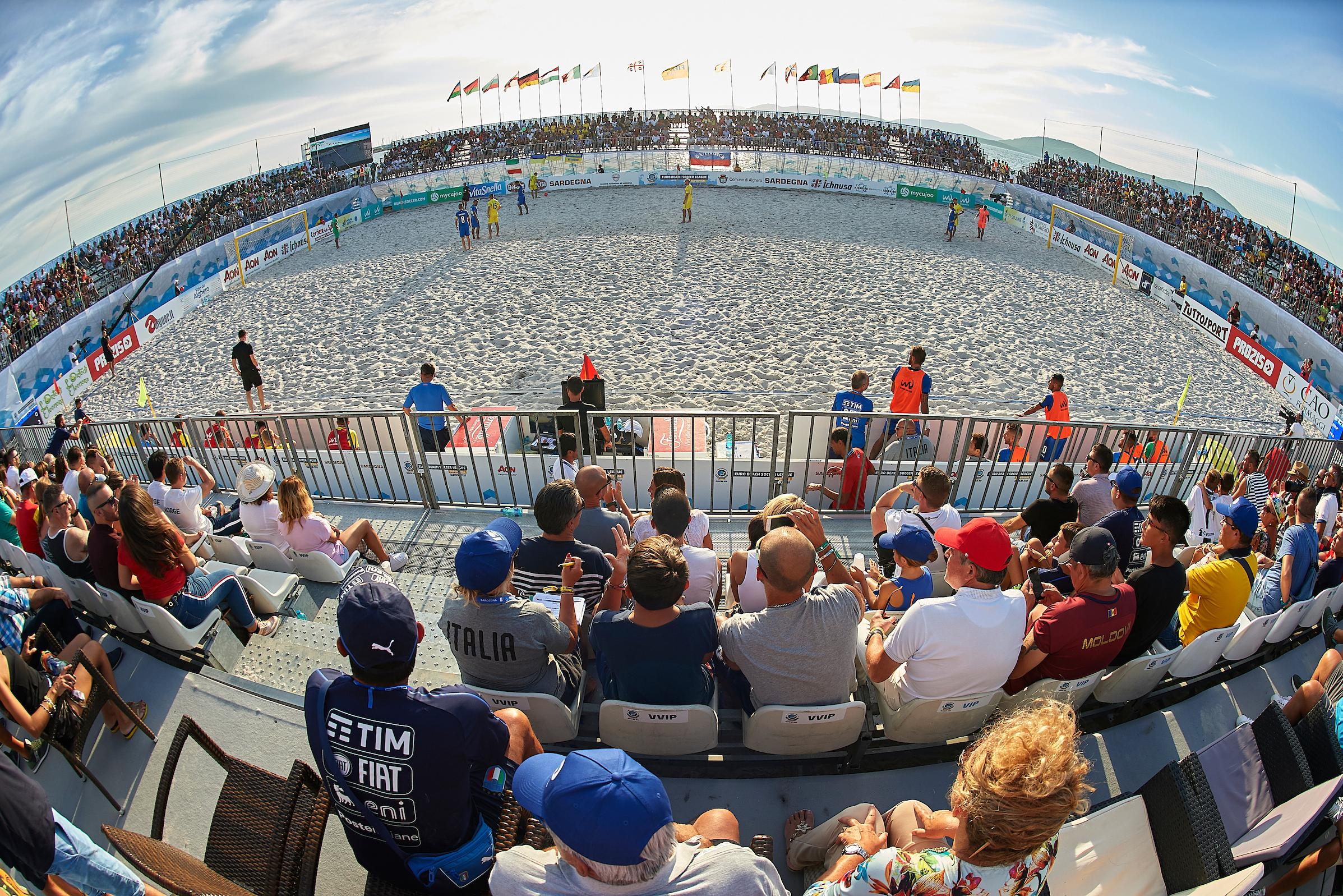 ALGHERO, SARDINIA - SEPTEMBER 08: Euro Beach Soccer League Superfinal 2018 at Lungomare Barcellona on September 08 in Alghero, Sardinia.  (Photo by Manuel Queimadelos)