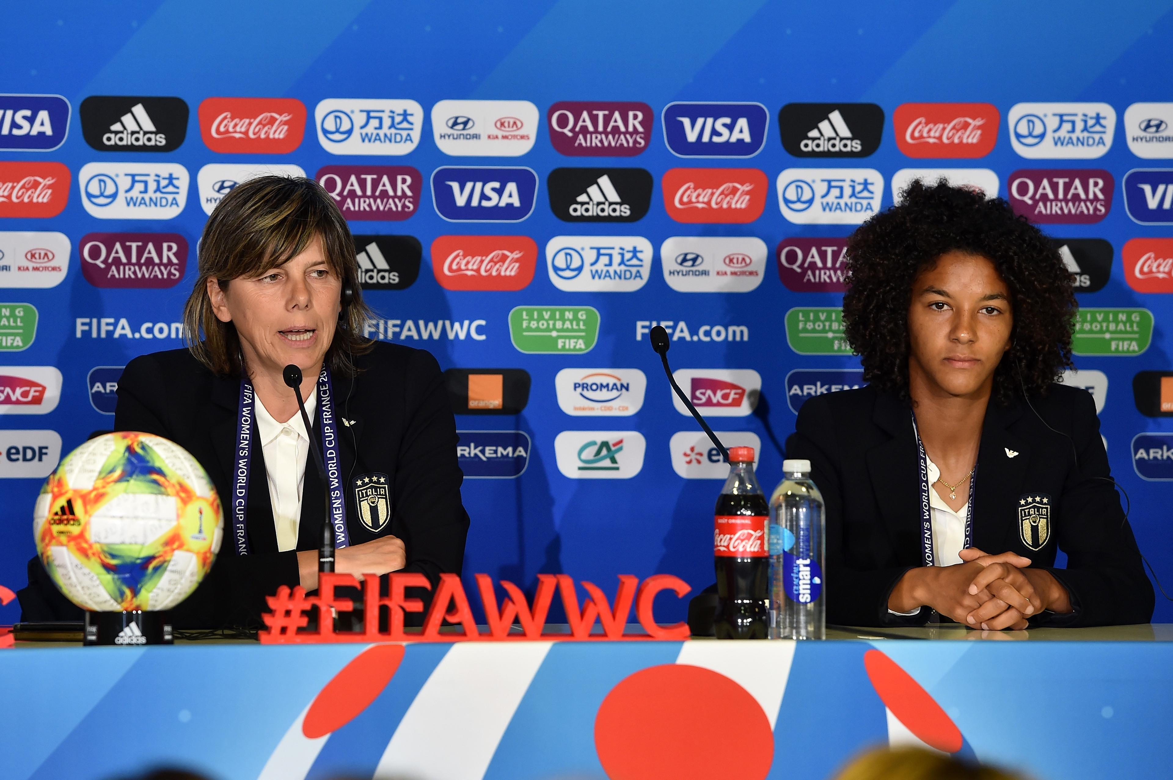 VALENCIENNES, FRANCE - JUNE 08: Head Coach Milena Bertolini (L) and Team Captain Sara Gama of Italy Women, attend a press conference at Stade du Hainaut on June 08, 2019 in Valenciennes, France. (Photo by Tullio M. Puglia/Getty Images)
