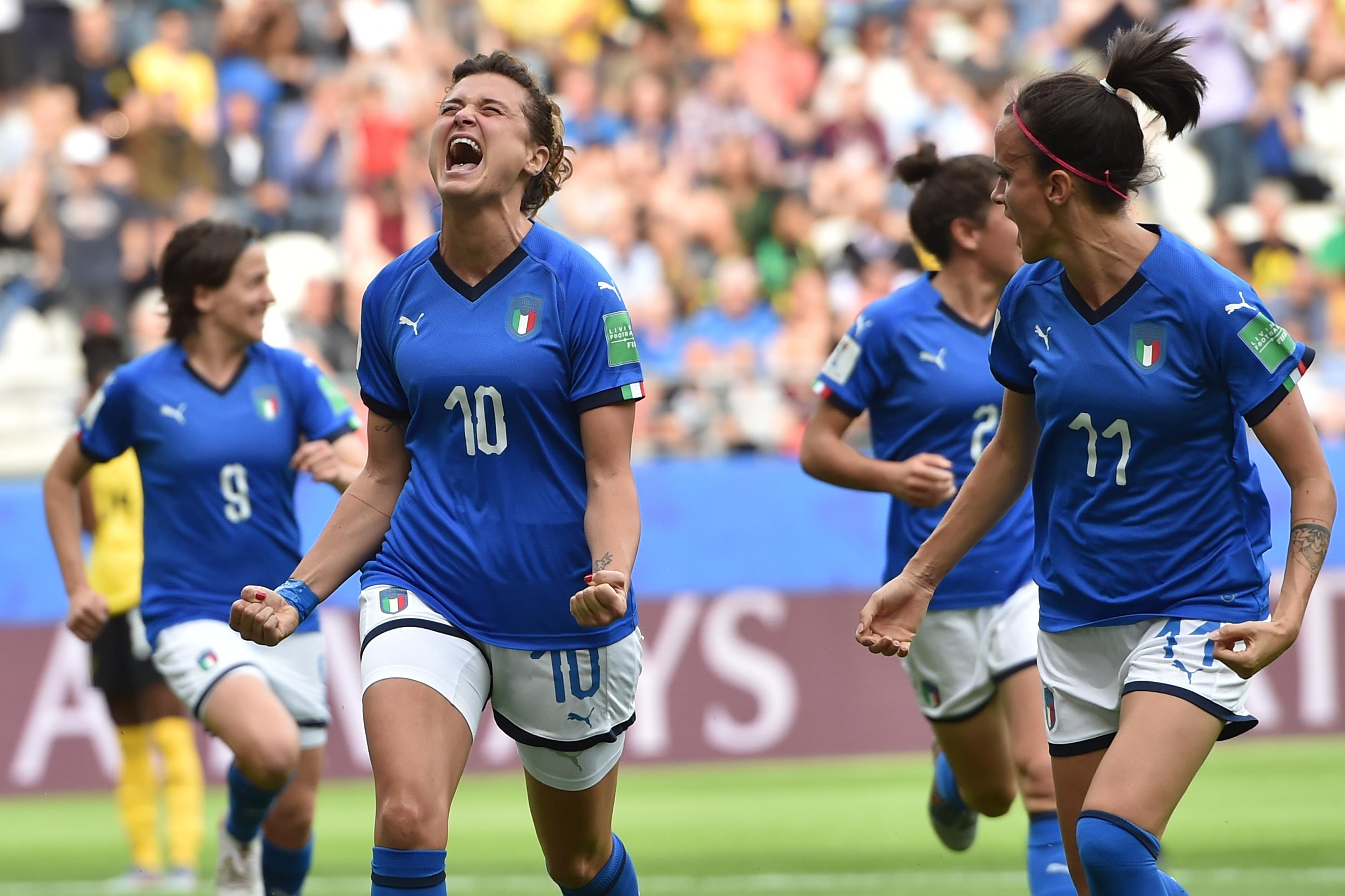 REIMS, FRANCE - JUNE 14: Cristiana Girelli of Italy celebrates after scoring a penalty during the 2019 FIFA Women\\'s World Cup France group C match between Jamaica and Italy at Stade Auguste Delaune on June 14, 2019 in Reims, France. (Photo by Tullio M. Puglia/Getty Images)