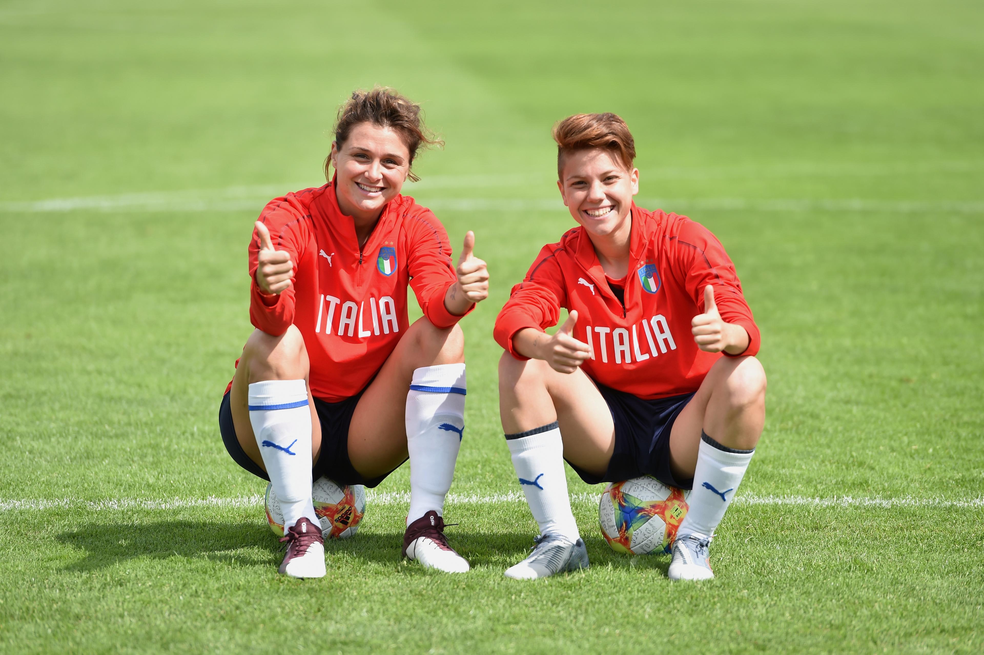 VALENCIENNES, FRANCE - JUNE 06: Cristiana Girelli and Manuela Giugliano of Italy Women pose after training session at Stade Cristophe Laurent on June 06, 2019 in Valenciennes, France. (Photo by Tullio M. Puglia/Getty Images)