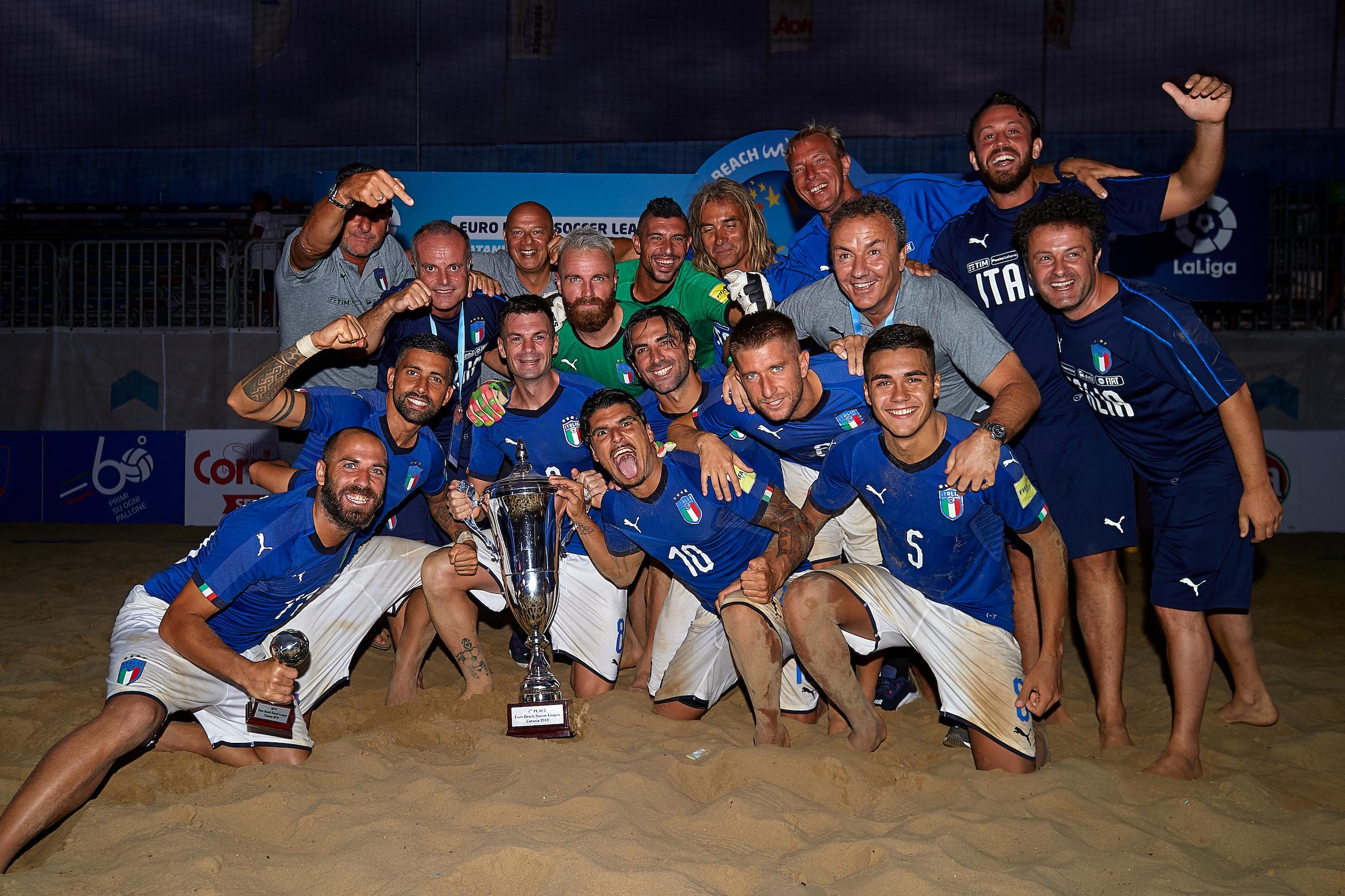 CATANIA, ITALY - AUGUST 18: Euro Beach Soccer League match between Belarus and Italy on August 18, 2019 in Catania, Italy. (Photo by Quality Sport Images)