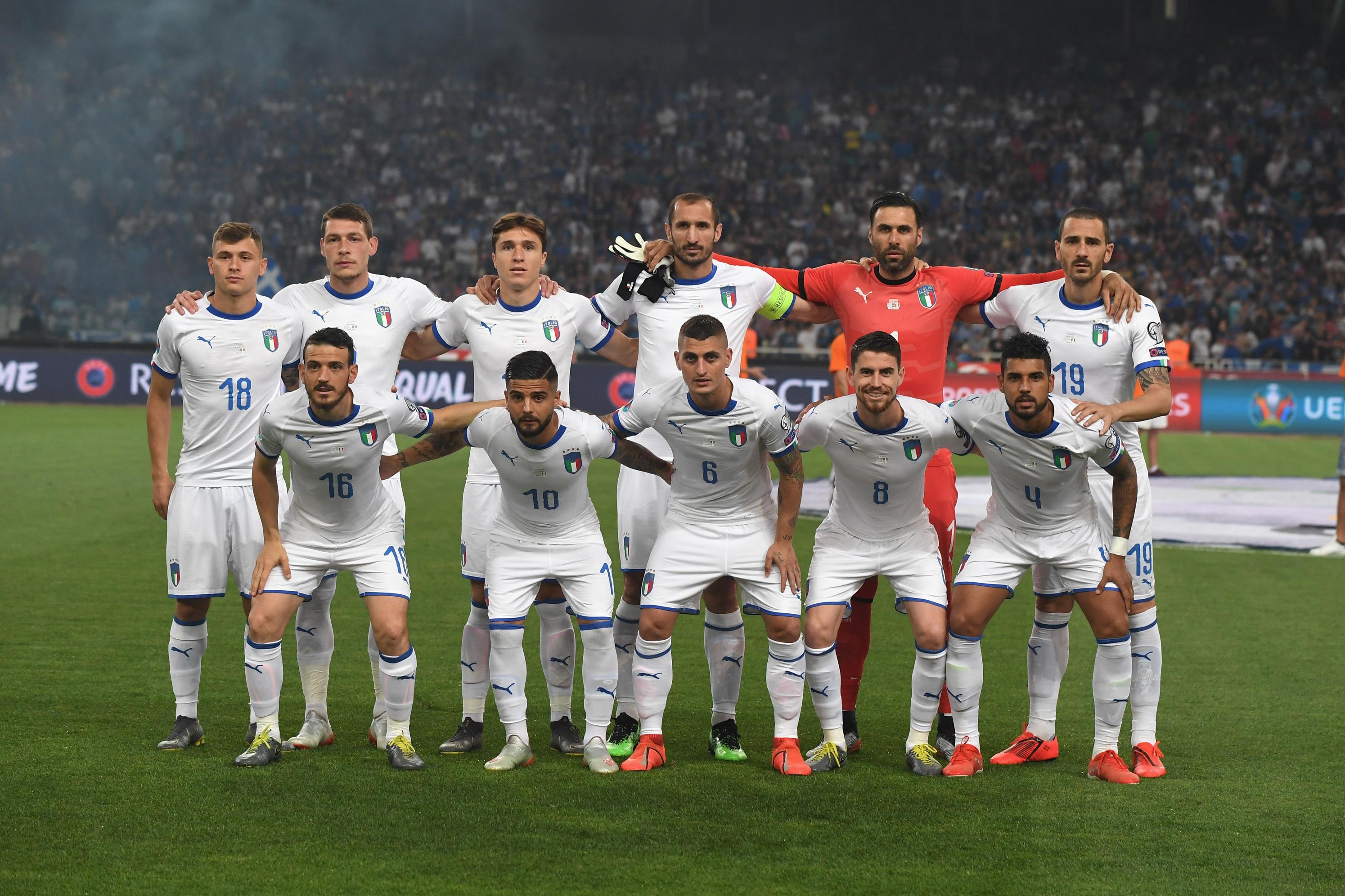 ATHENS, GREECE - JUNE 08:  Players of Italy  line up prior to the UEFA Euro 2020 Qualifier between Greece and Italy on June 8, 2019 in Athens, Greece.  (Photo by Claudio Villa/Getty Images)
