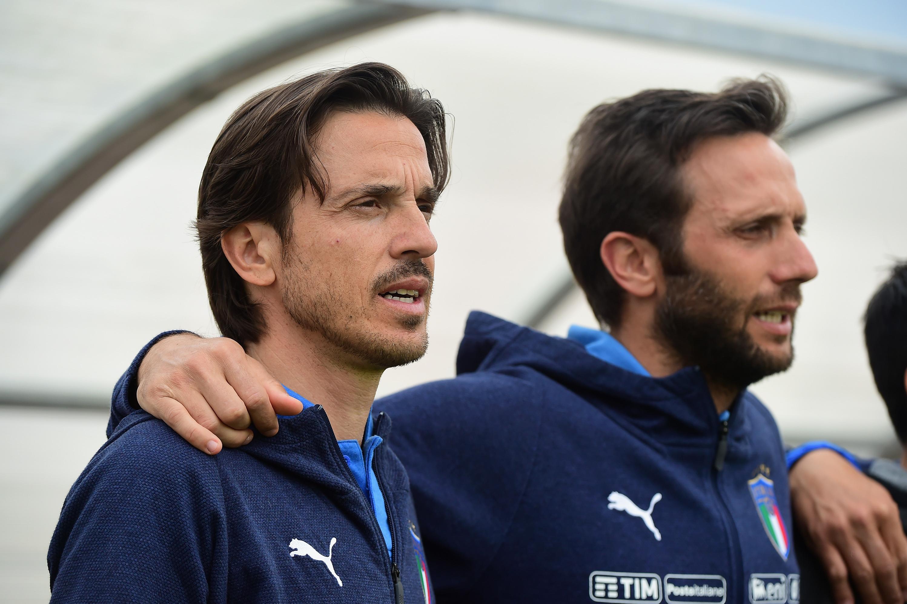 GRADISCA D\\'ISONZO, ITALY - MAY 08:  (L) Head Coach of Italy U18 Daniele Franceschini looks during the Italian anthem prior of the International Friendly match between Italy U18 and Austria U18 on May 8, 2019 in Gradisca d\\'Isonzo, Italy.  (Photo by Pier Marco Tacca/Getty Images)