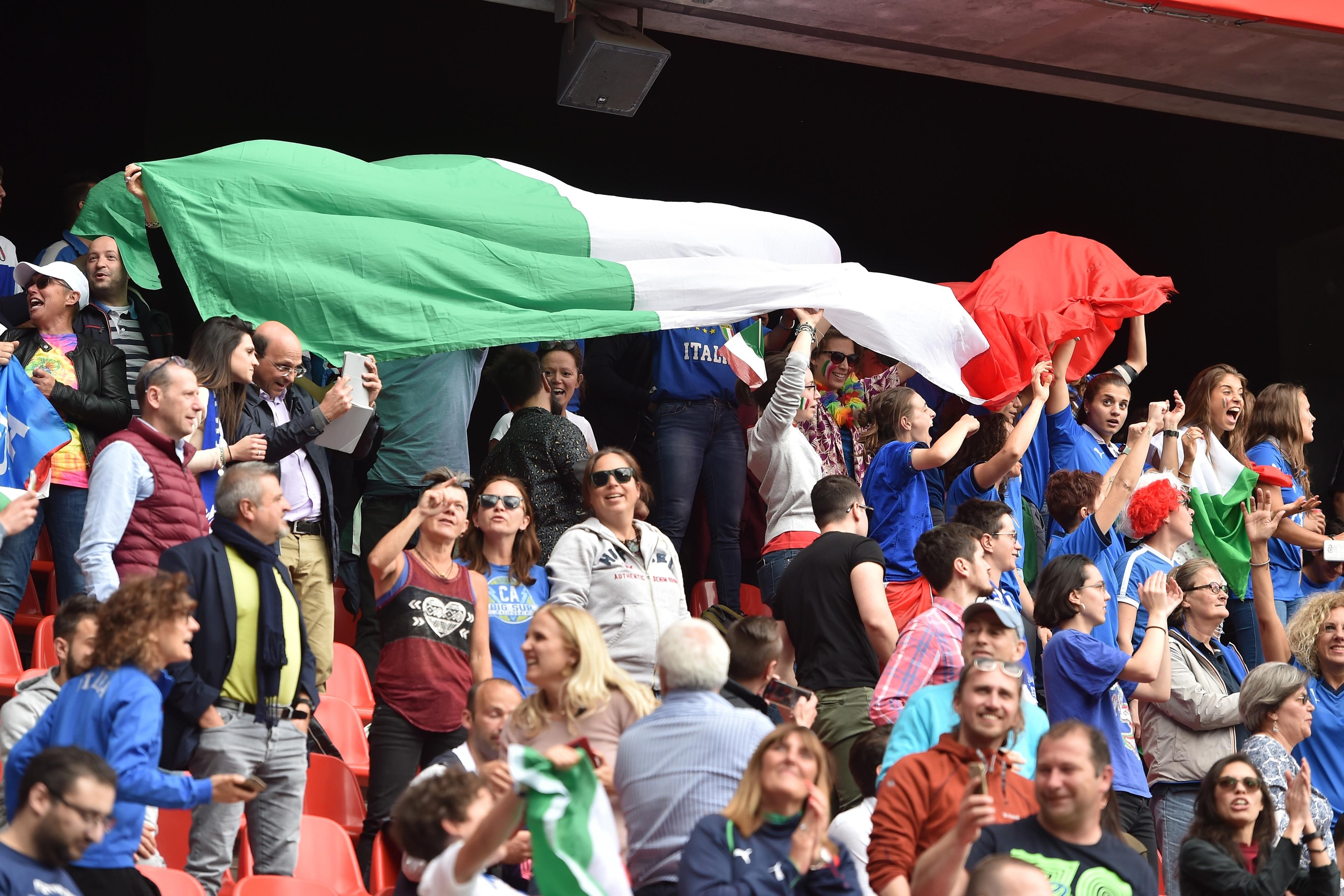 VALENCIENNES, FRANCE - JUNE 09: Fans of Italy celebrate after winning the 2019 FIFA Women\\'s World Cup France group C match between Australia and Italy at Stade du Hainaut on June 09, 2019 in Valenciennes, France. (Photo by Tullio M. Puglia/Getty Images)