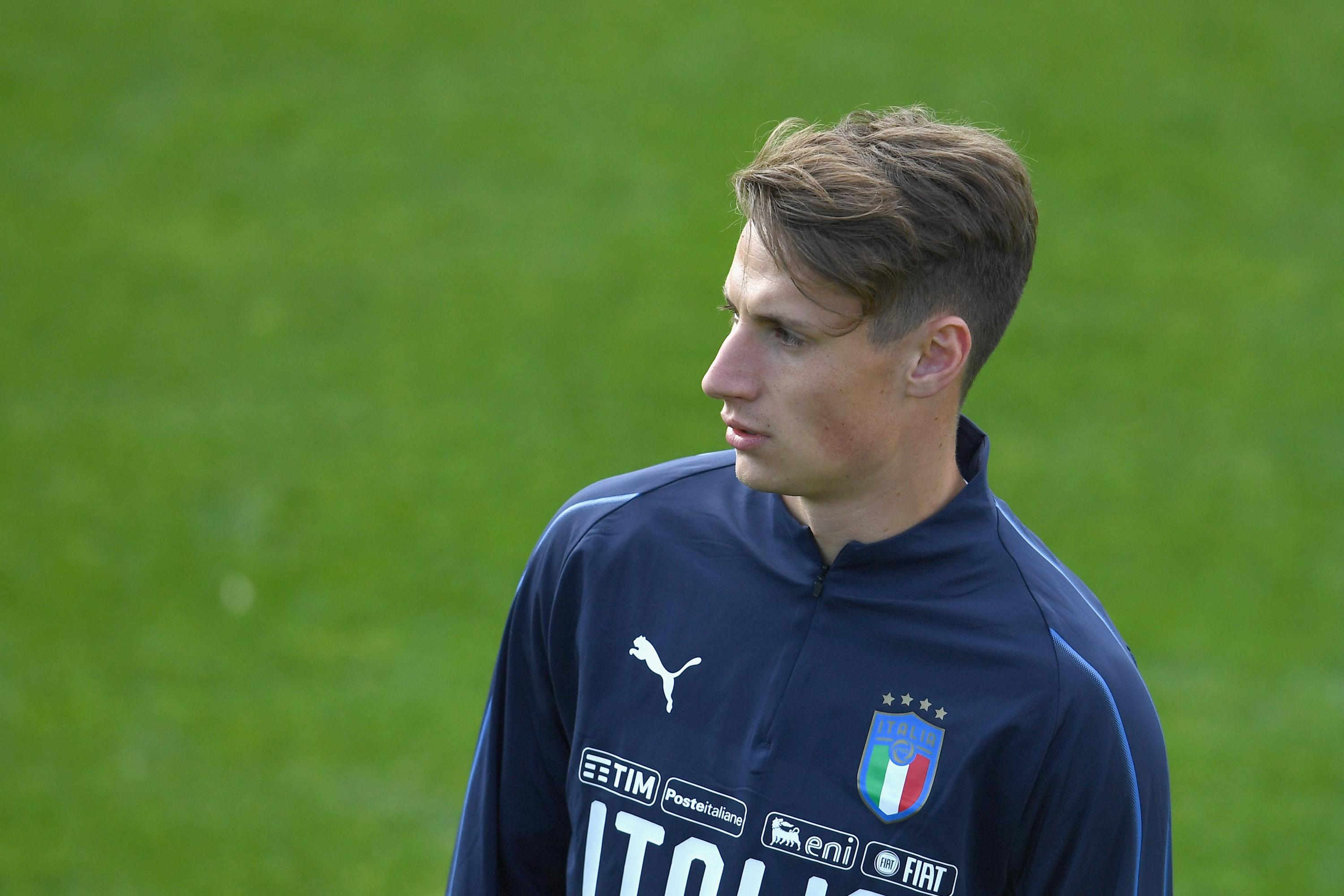 FLORENCE, ITALY - APRIL 29:  Andrea Pinamonti of Italy looks on during a Italy training session during a Italy press conference  at Centro Tecnico Federale di Coverciano on April 29, 2019 in Florence, Italy.  (Photo by Claudio Villa/Getty Images)