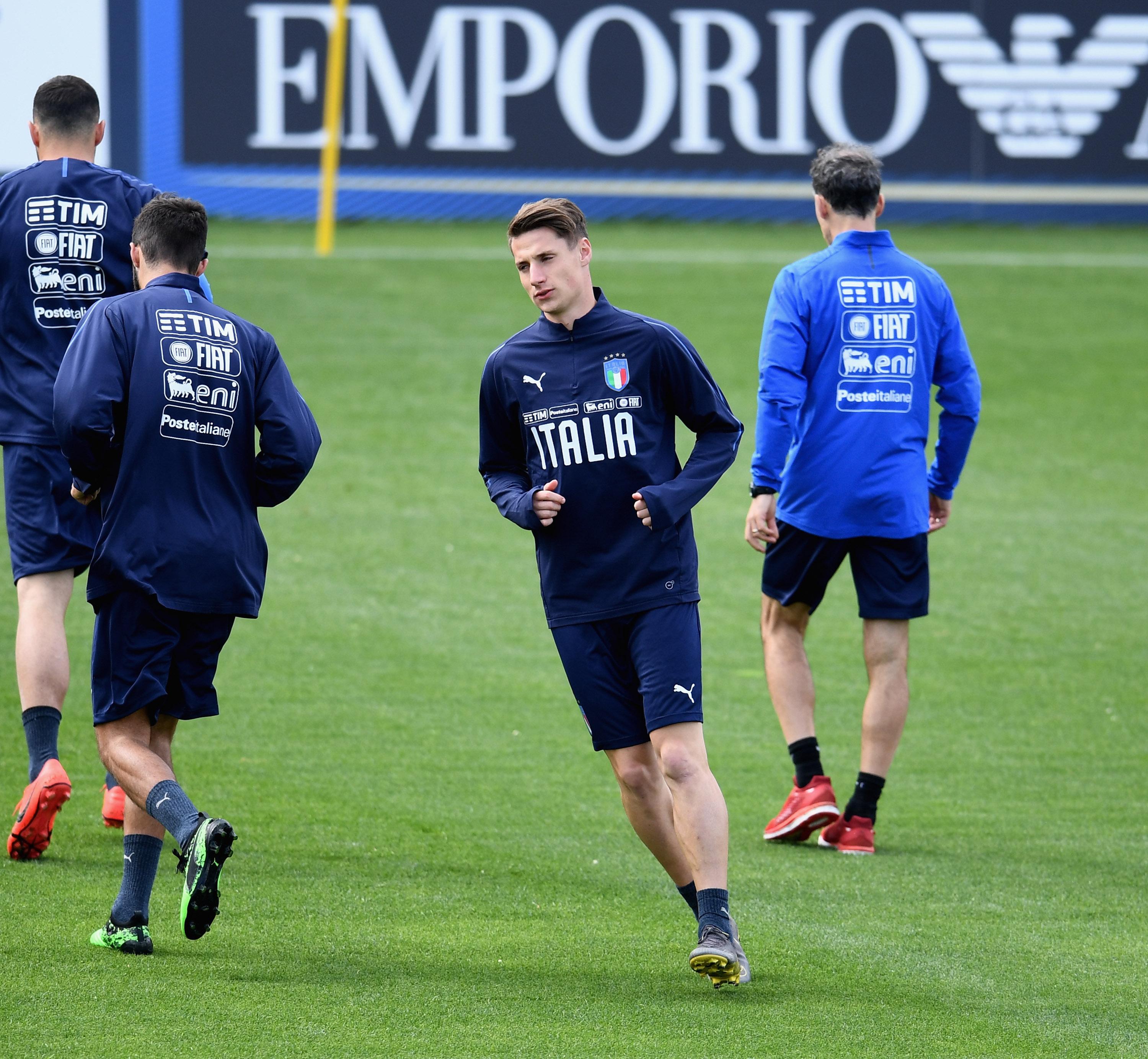 FLORENCE, ITALY - APRIL 29: Andrea Pinamonti of Italy looks on during a Italy training session during a Italy press conference at Centro Tecnico Federale di Coverciano on April 29, 2019 in Florence, Italy. (Photo by Claudio Villa/Getty Images)