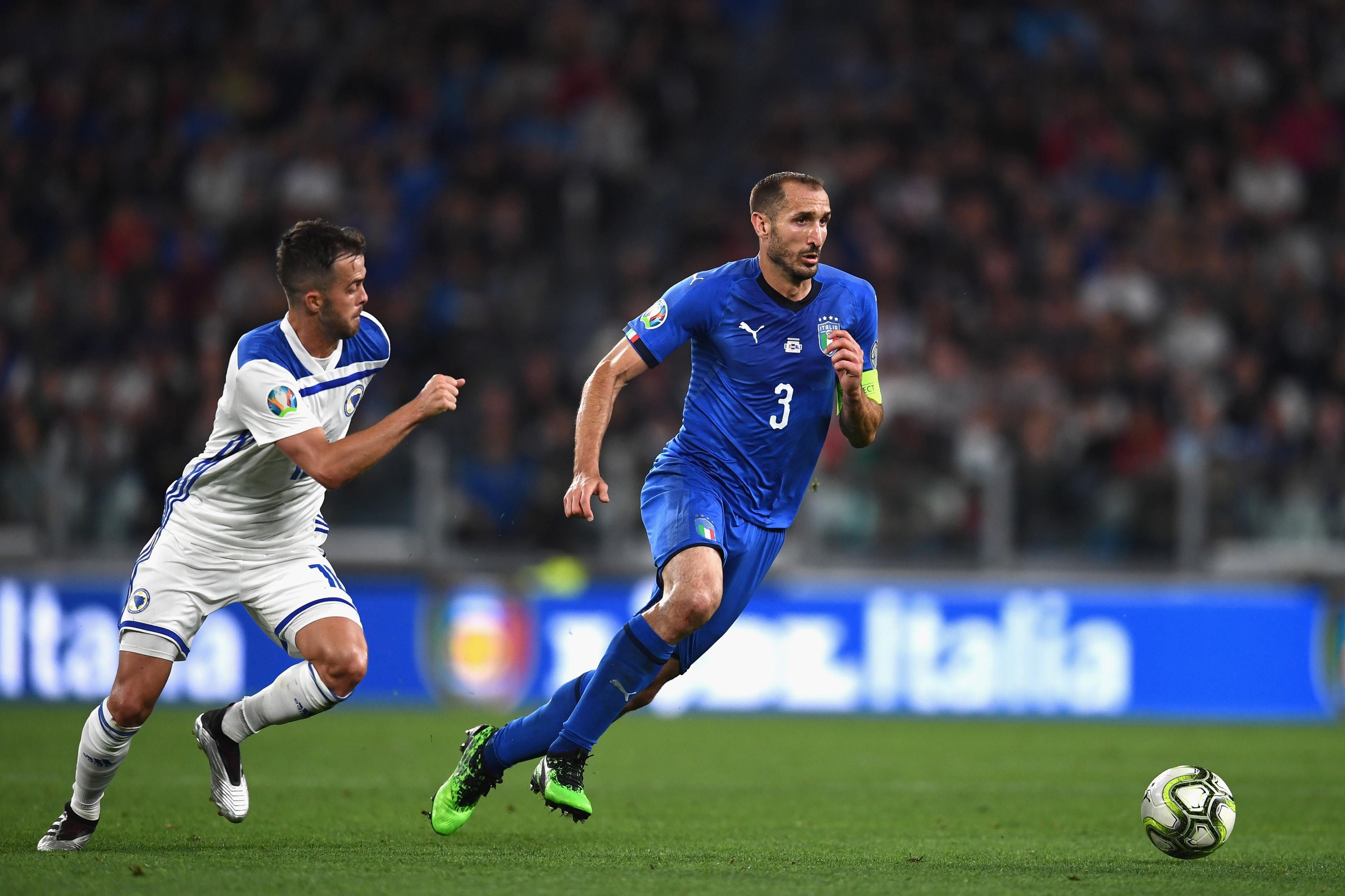 TURIN, ITALY - JUNE 11:  Giorgio Chiellini of Italy in action during the UEFA Euro 2020 Qualifier between Italy and Bosnia and Herzegovina at Juventus Stadium on June 11, 2019 in Turin, Italy.  (Photo by Claudio Villa/Getty Images)
